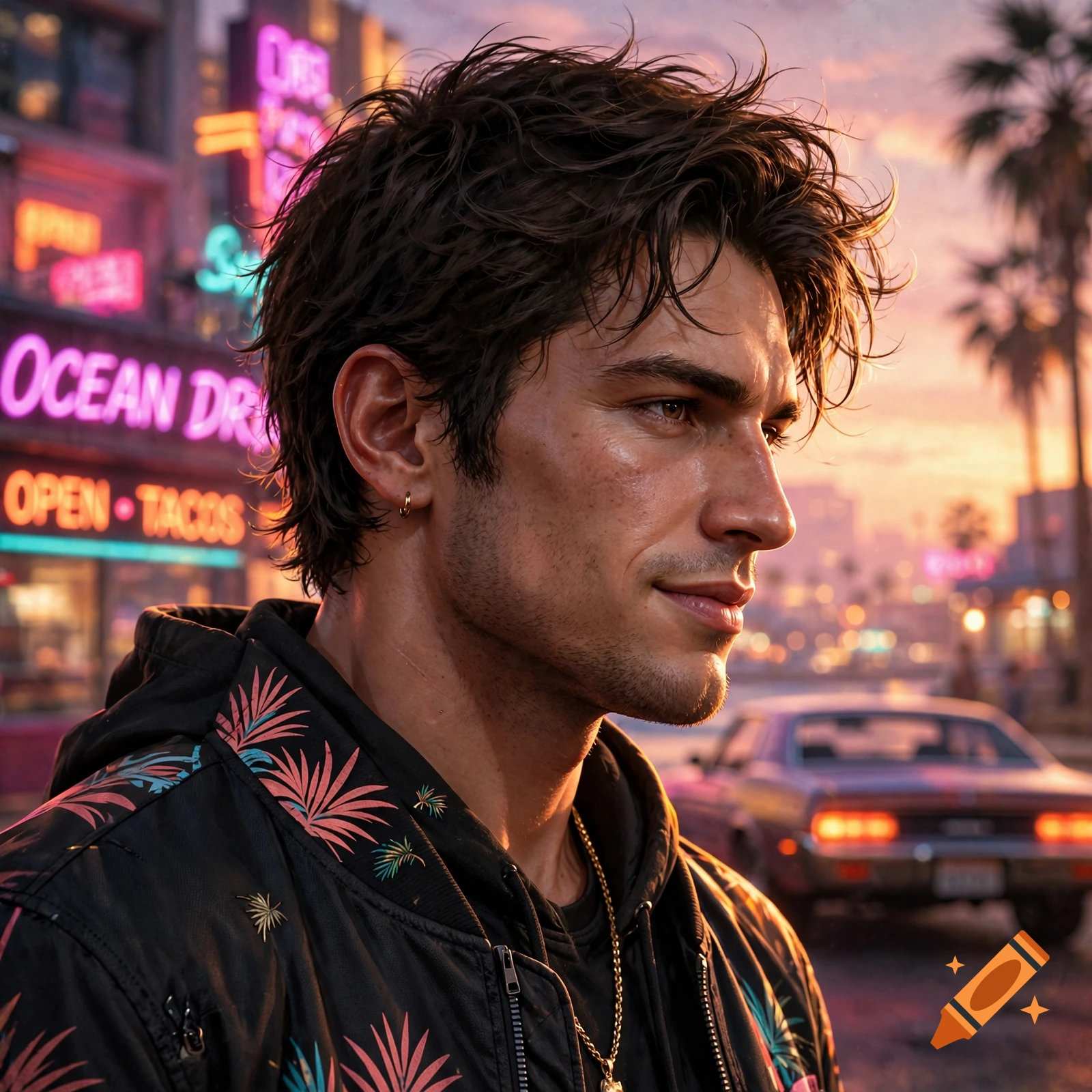 Close-up profile of a young man with dark, messy hair in a patterned black jacket against a neon-lit city street at sunset.