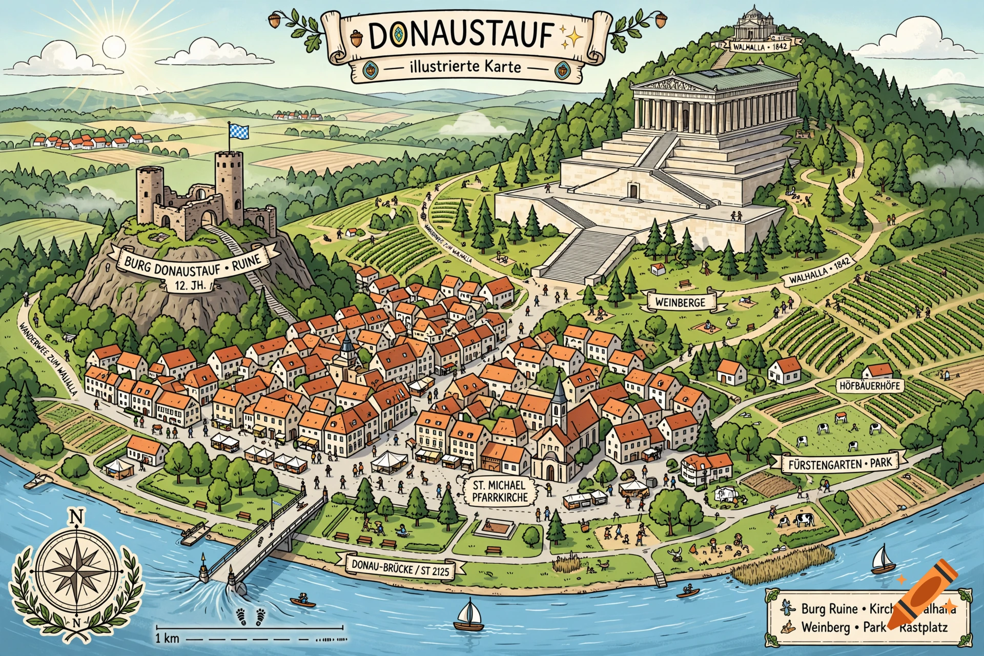 Comic-style illustrated map of Donaustauf showing the town, river, and Walhalla temple, in vibrant colors.
