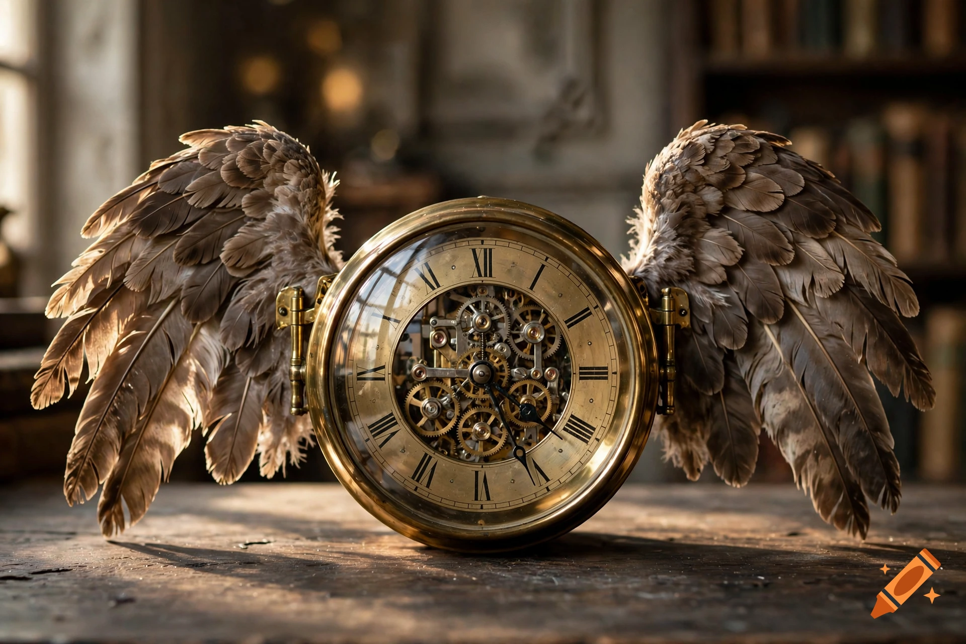 Photorealistic steampunk clock with feathered angel wings sitting on a wooden table in a dimly lit library.