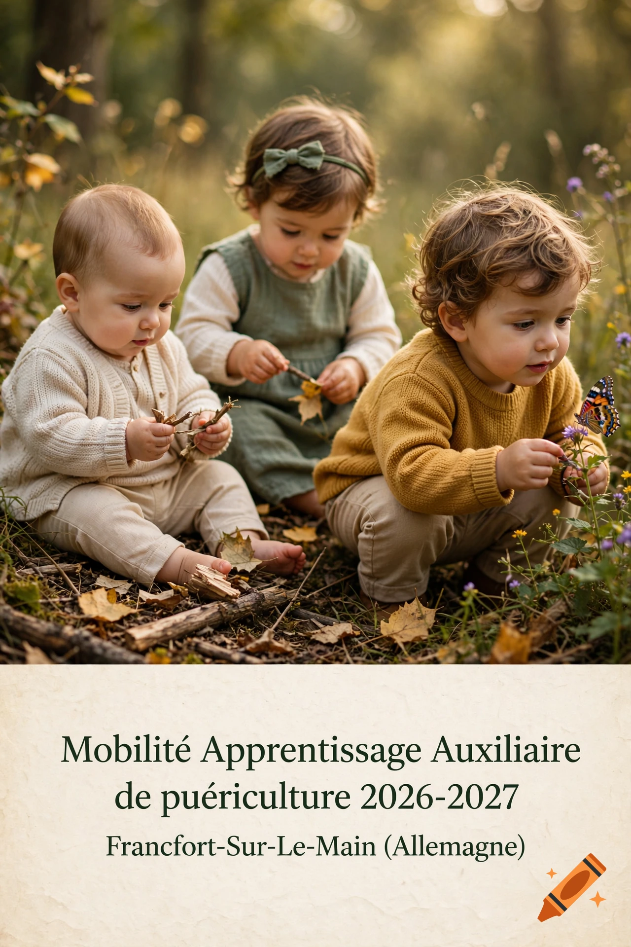 Three young children playing outdoors in a forest, surrounded by leaves and looking at a butterfly, with text at the bottom.