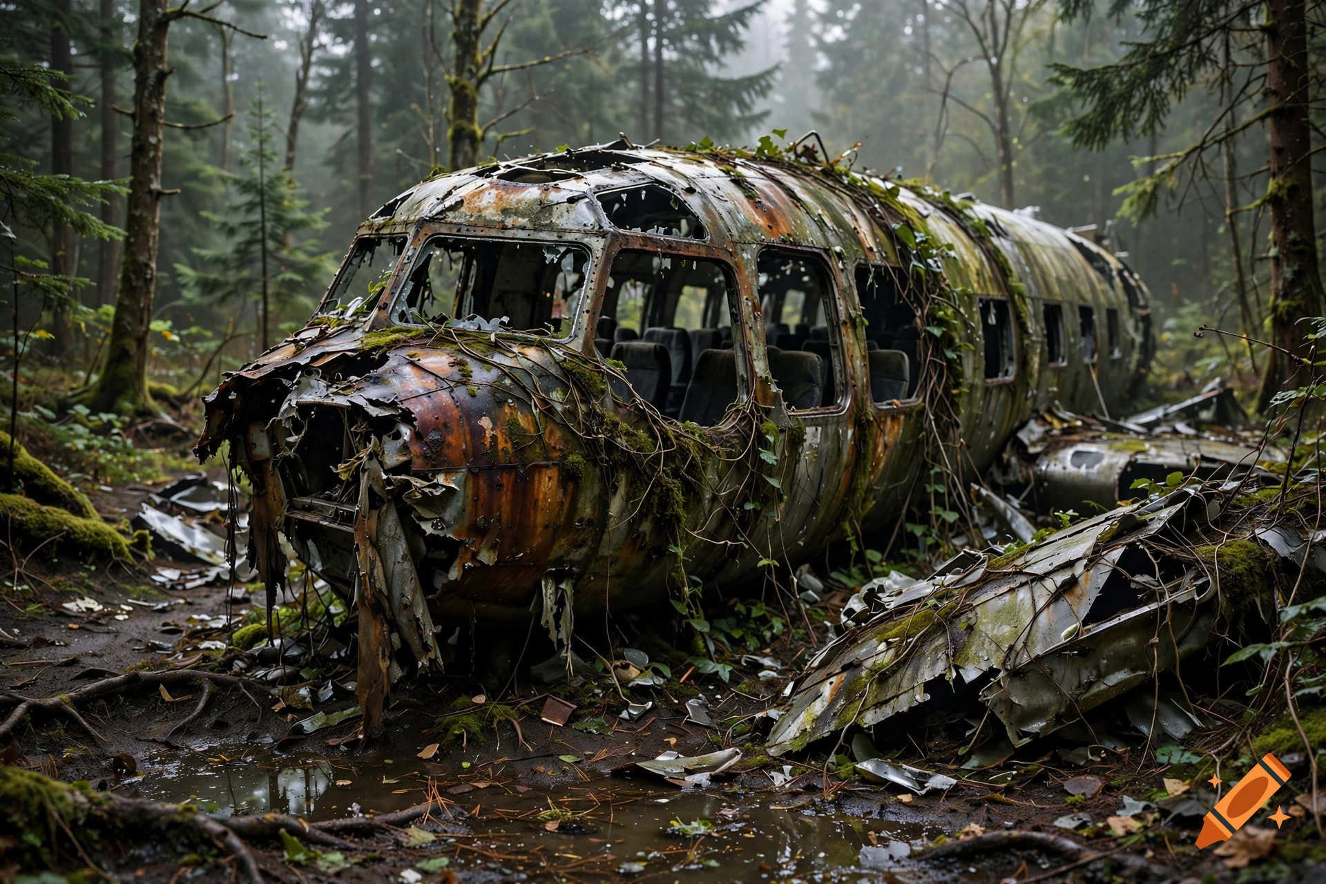Photorealistic image of a rusted and broken airplane fuselage overgrown with moss and vines in a foggy forest.