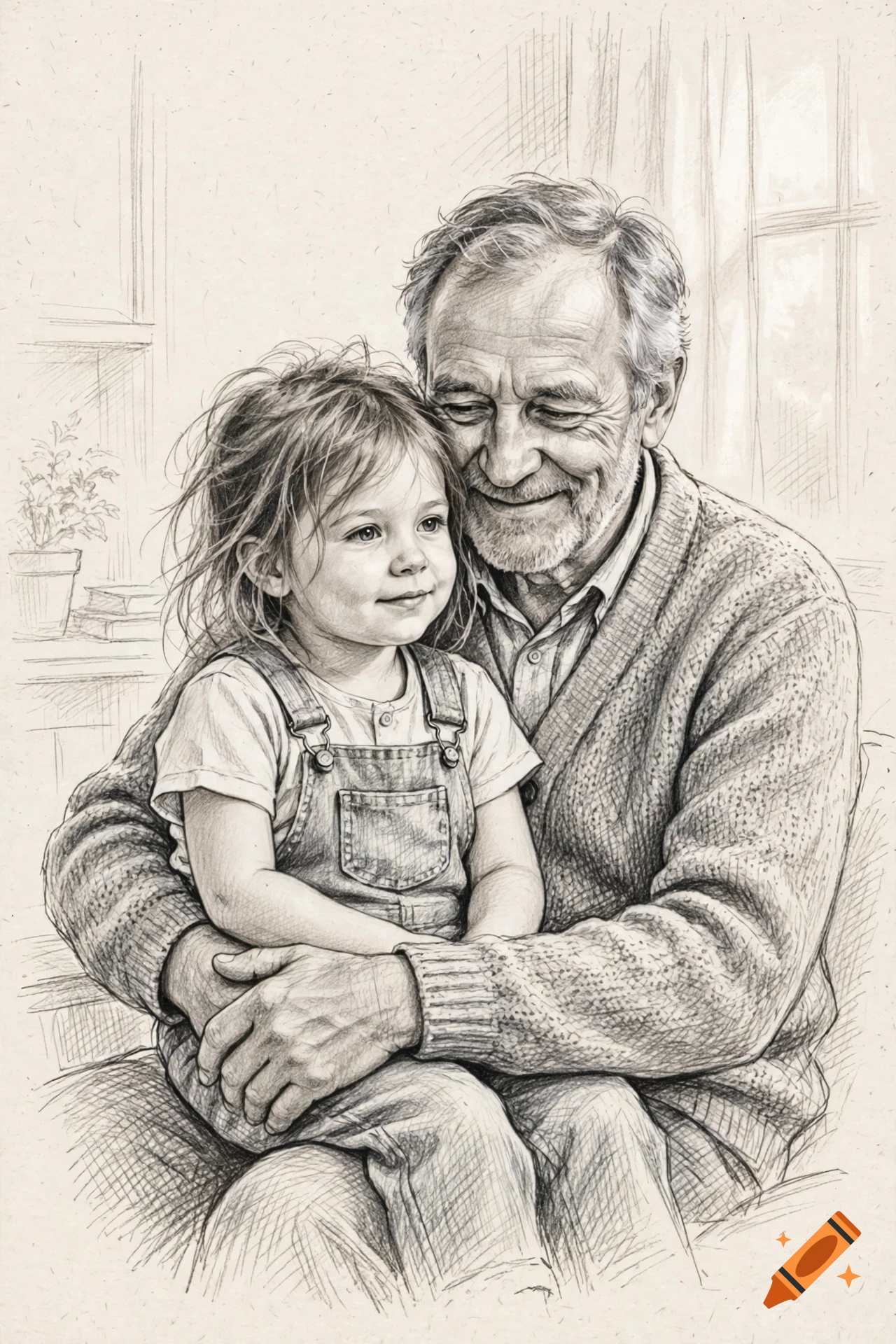 Pencil drawing of a smiling grandfather holding a young girl on his lap.