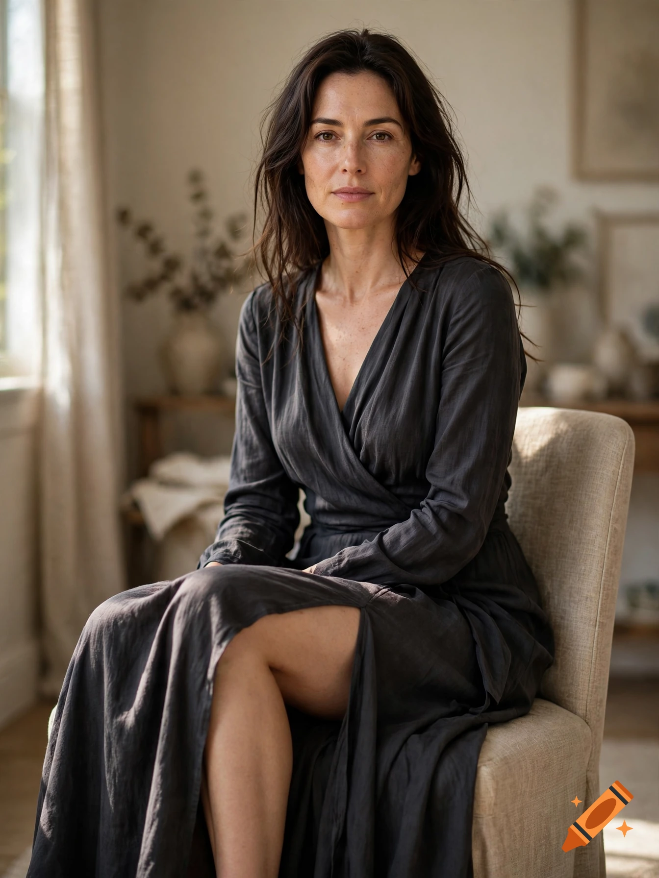 Photorealistic portrait of a dark-haired woman in a long grey dress sitting on a chair in a brightly lit room.
