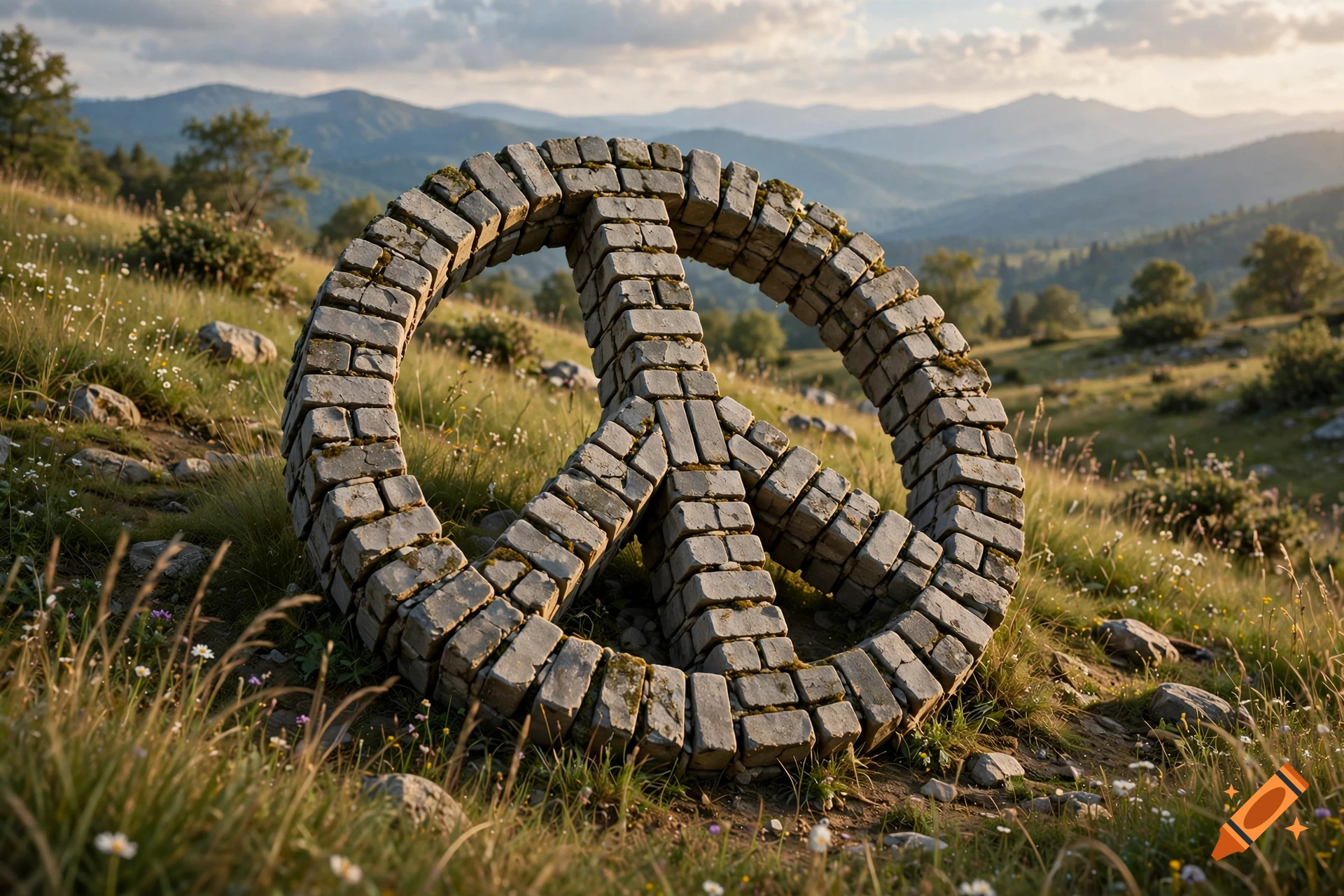 A large peace sign sculpture made of stone bricks sitting in a grassy meadow with mountains in the background during daytime.
