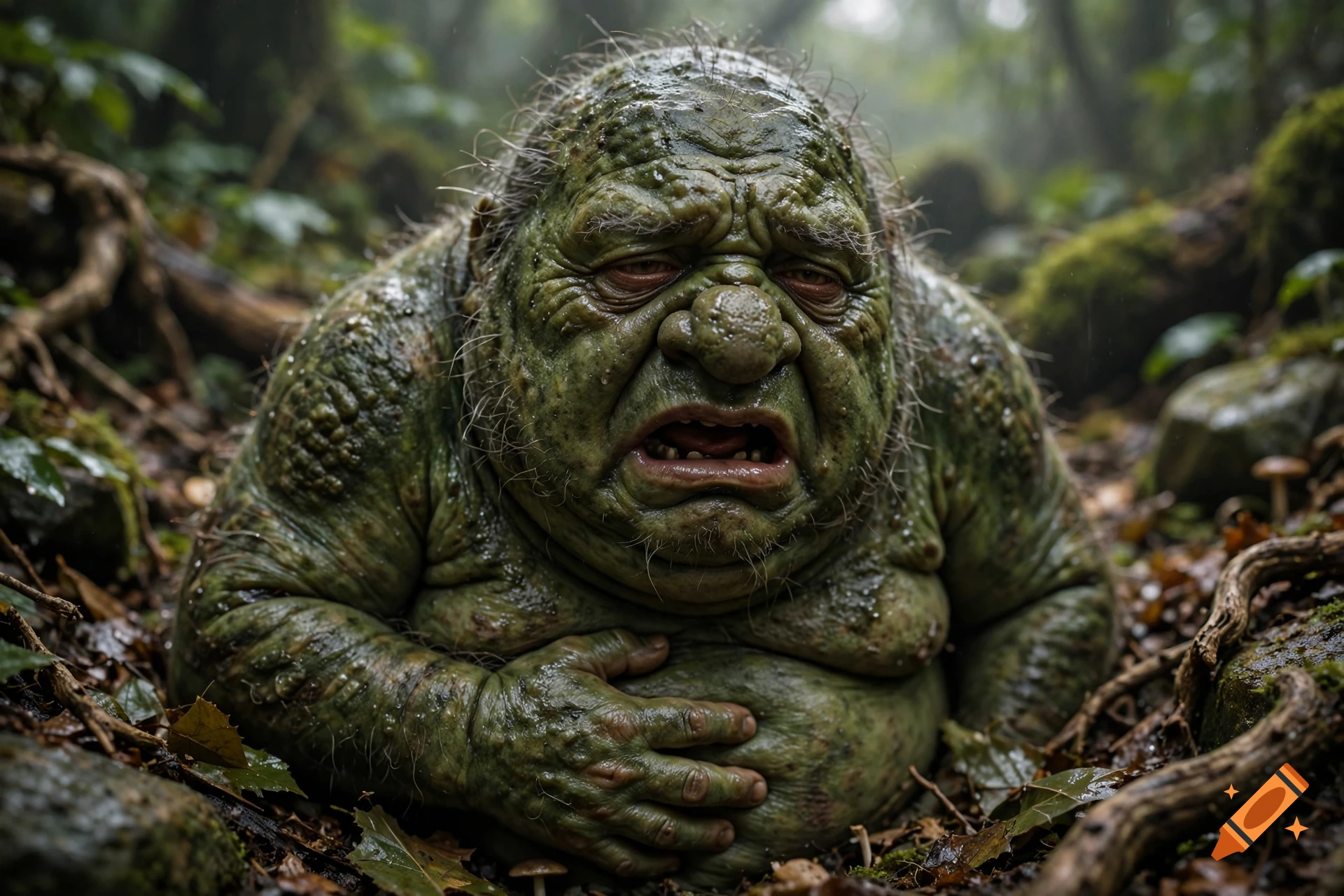 Photorealistic image of a grotesque, green, swamp-monster-like creature lying among leaves and branches in a forest.