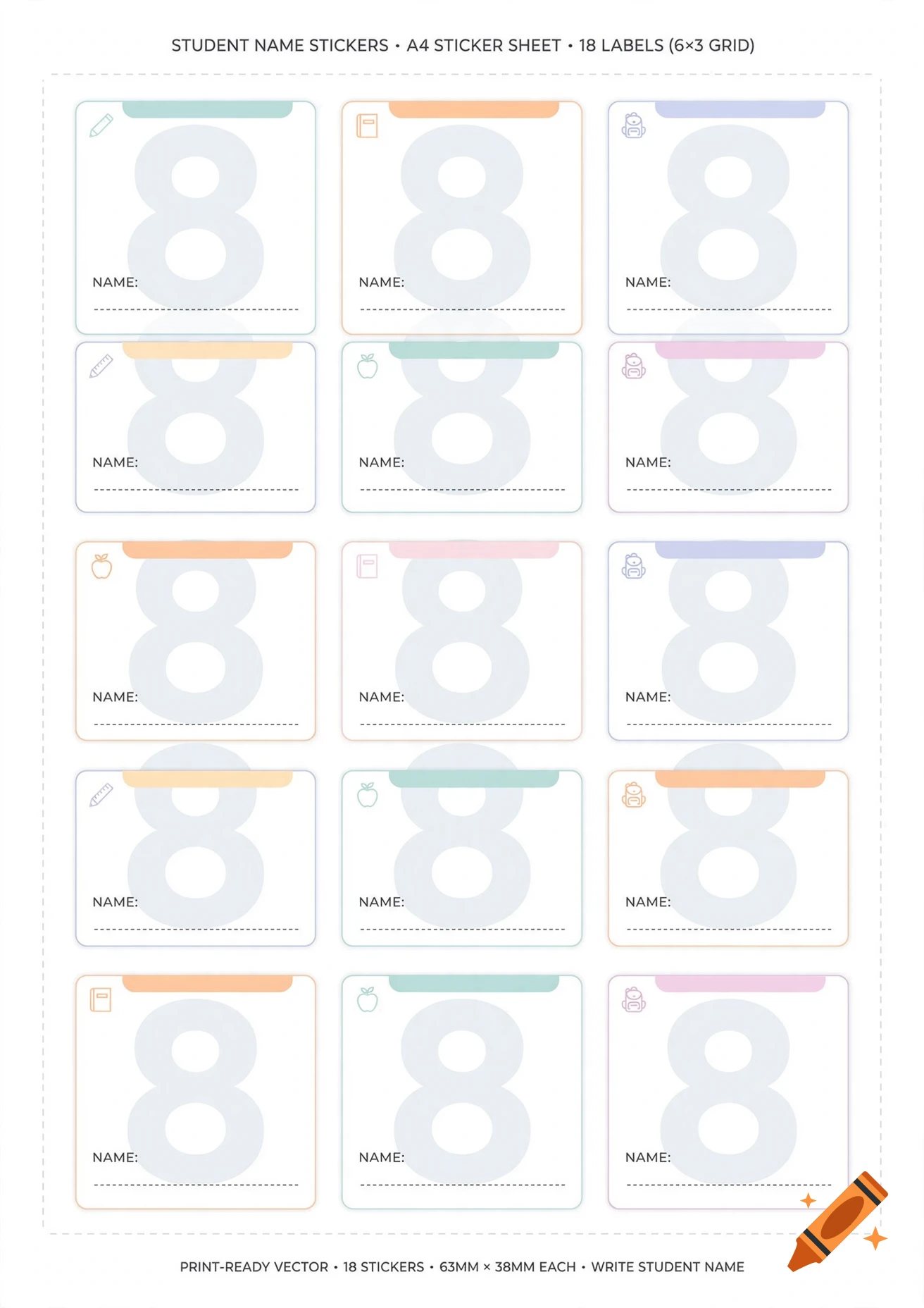 Print-ready vector sheet of 18 student name stickers in a 6x3 grid with subtle number 8 backgrounds.