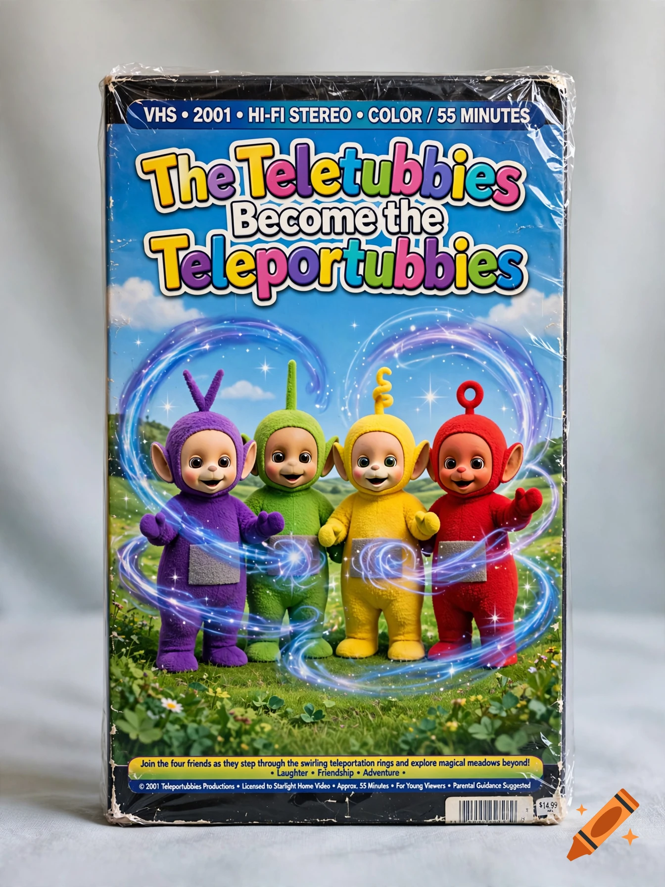 A plastic-wrapped VHS tape cover of a parody titled The Teletubbies Become the Teleportubbies featuring four Teletubbies.