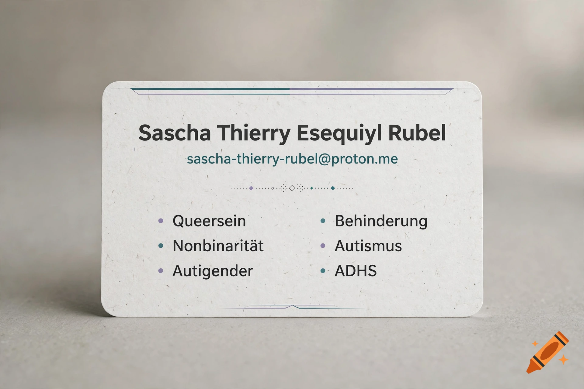 A business card with text listing a name, email address, and personal identity terms.