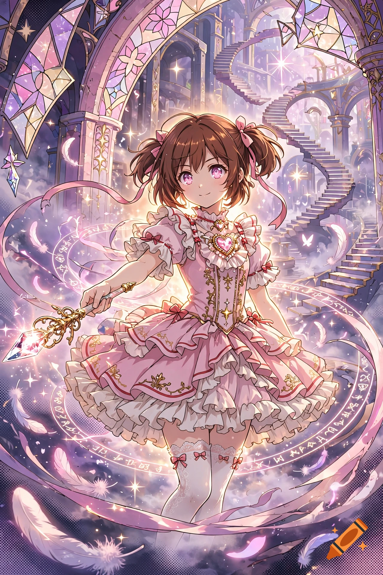 Anime illustration of a magical girl in a pink dress holding a staff inside a fantastical castle with stained glass and floating stairs.