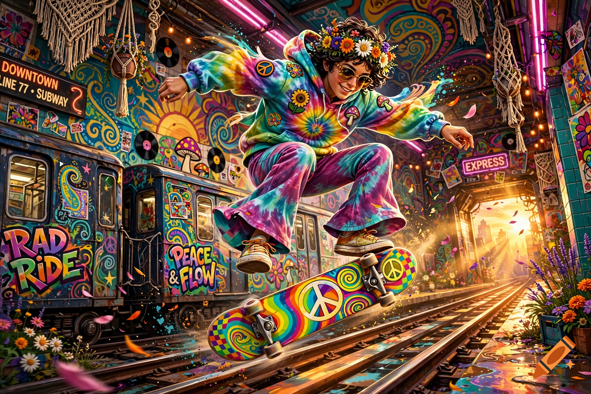 Digital illustration of a hippie character with flower crown skateboarding through a colorful psychedelic subway station.