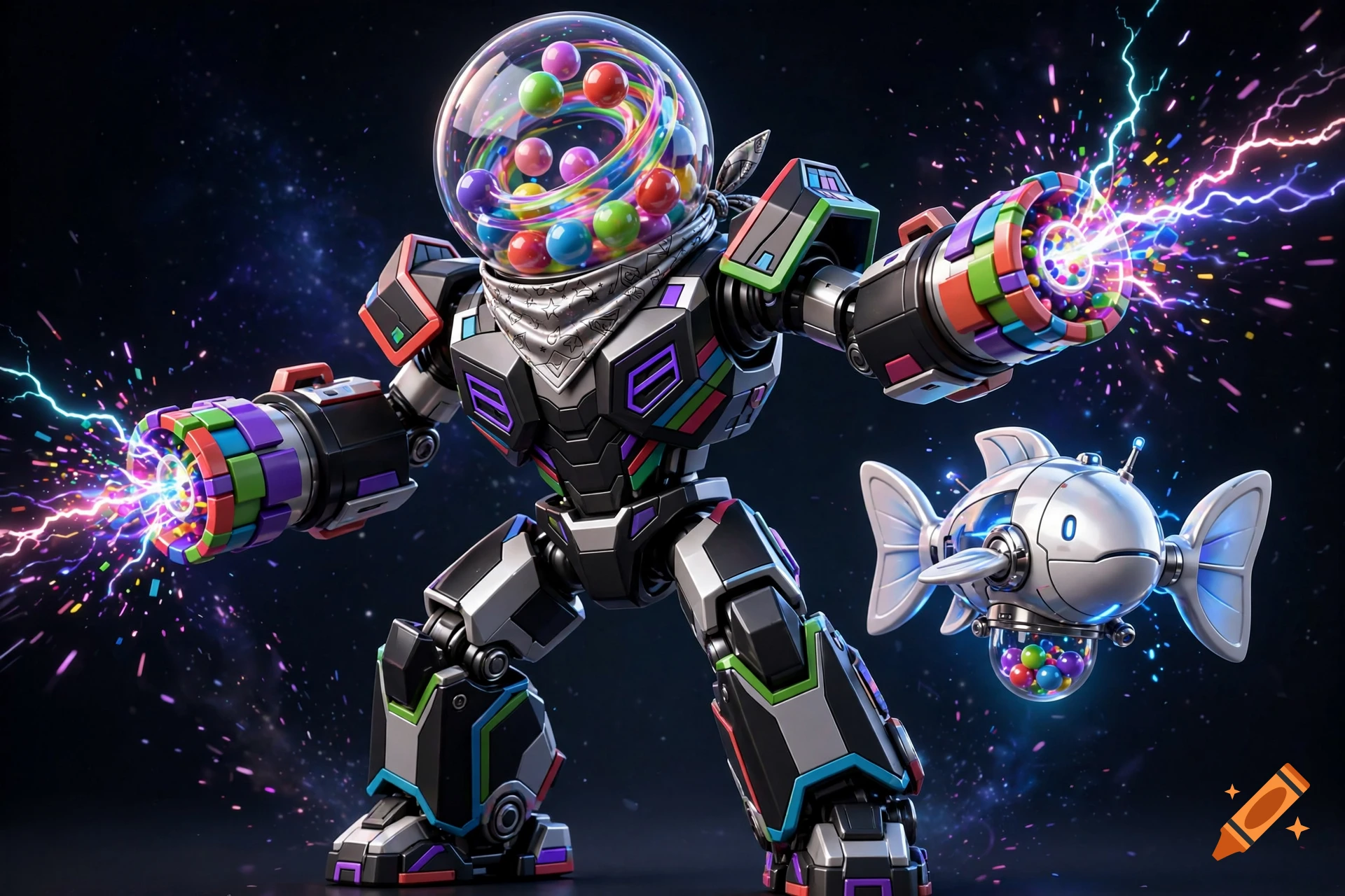 3D render of a futuristic robot with a gumball-machine head and cannons, accompanied by a small fish-like robot in space.