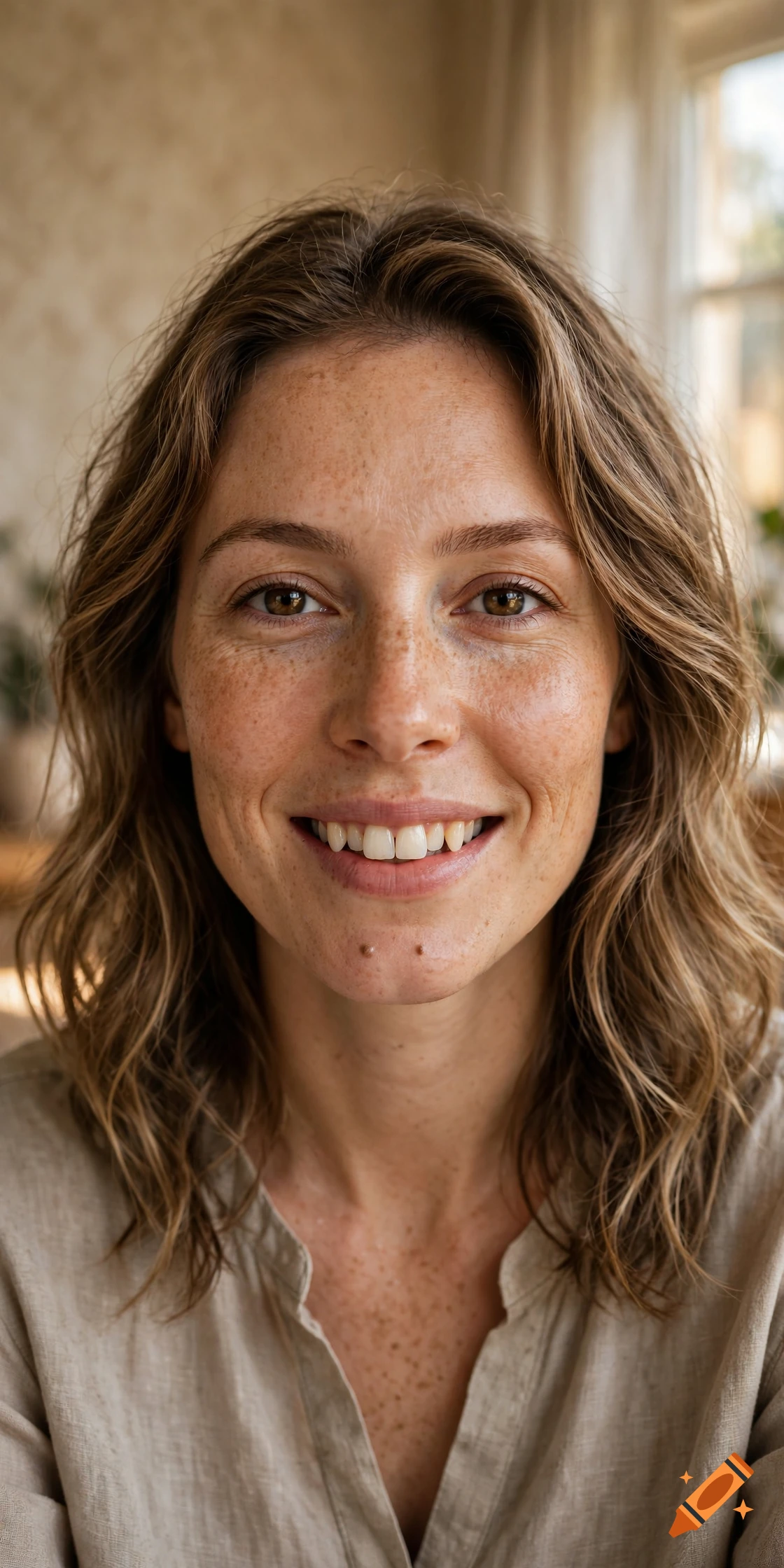 Close-up photorealistic portrait of a smiling woman with freckles and wavy blonde hair.