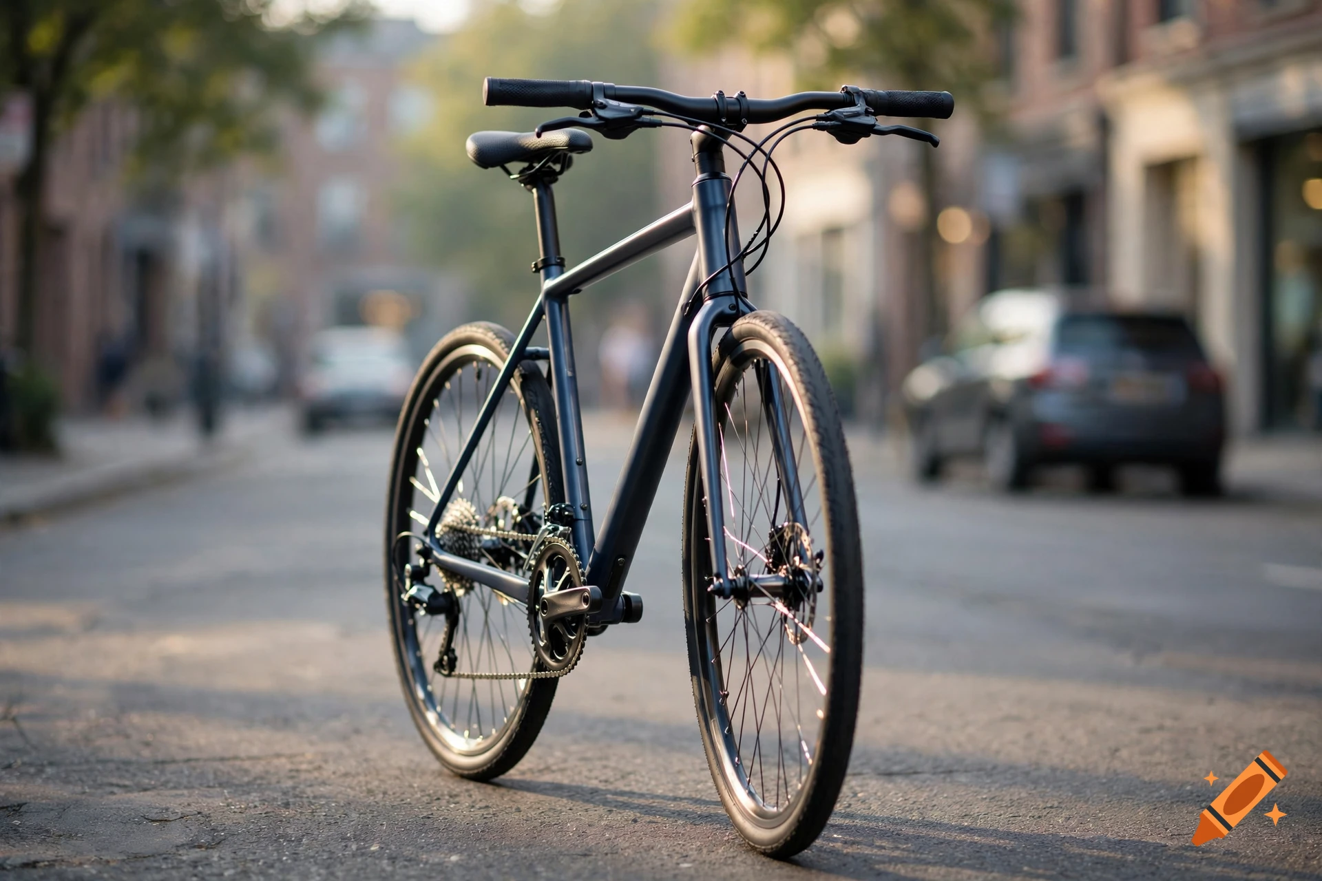 A modern black commuter bicycle parked on a city street during golden hour, with blurred urban background.