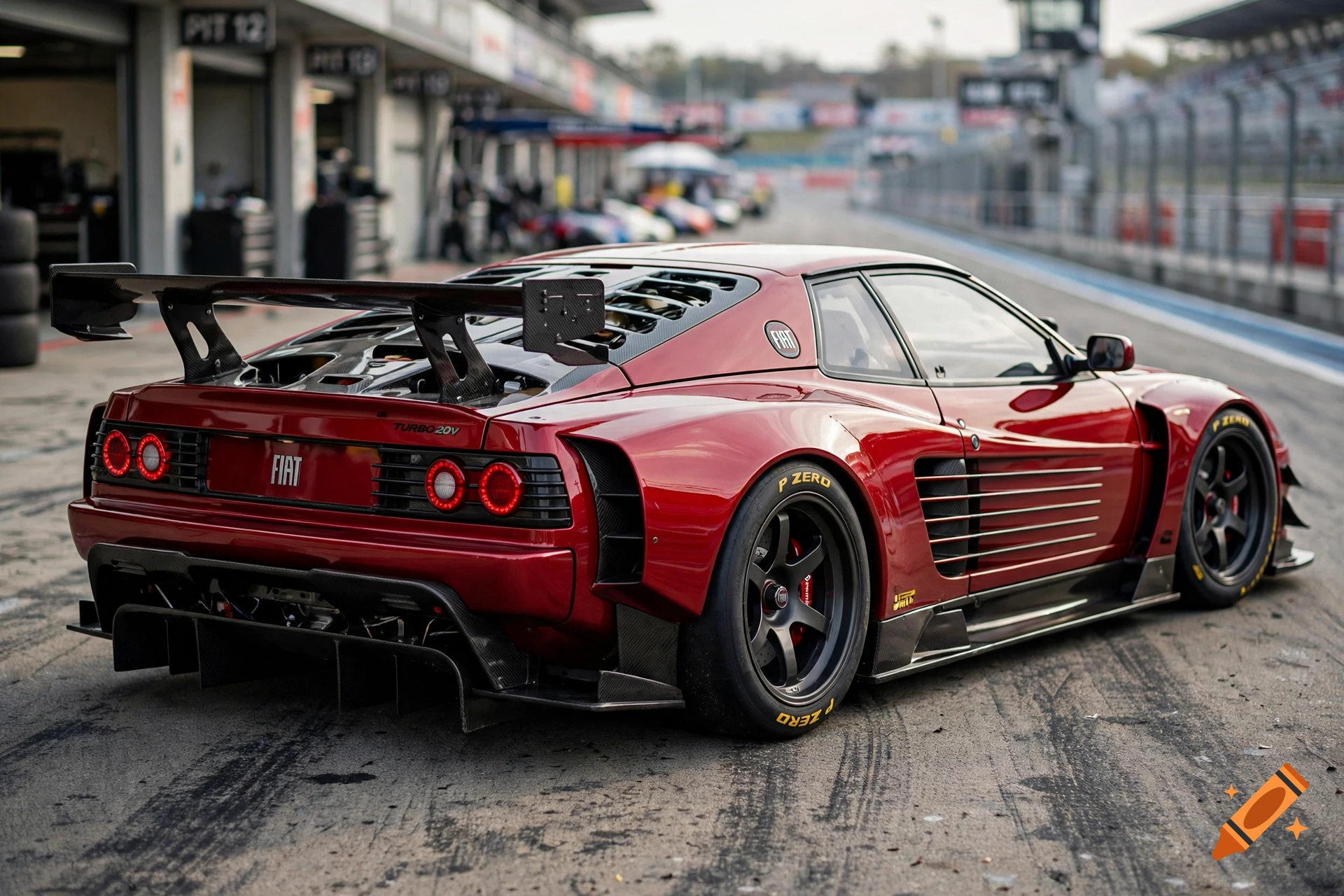 Photorealistic rear three-quarter view of a modified red sports car with a large rear wing parked in a pit lane.