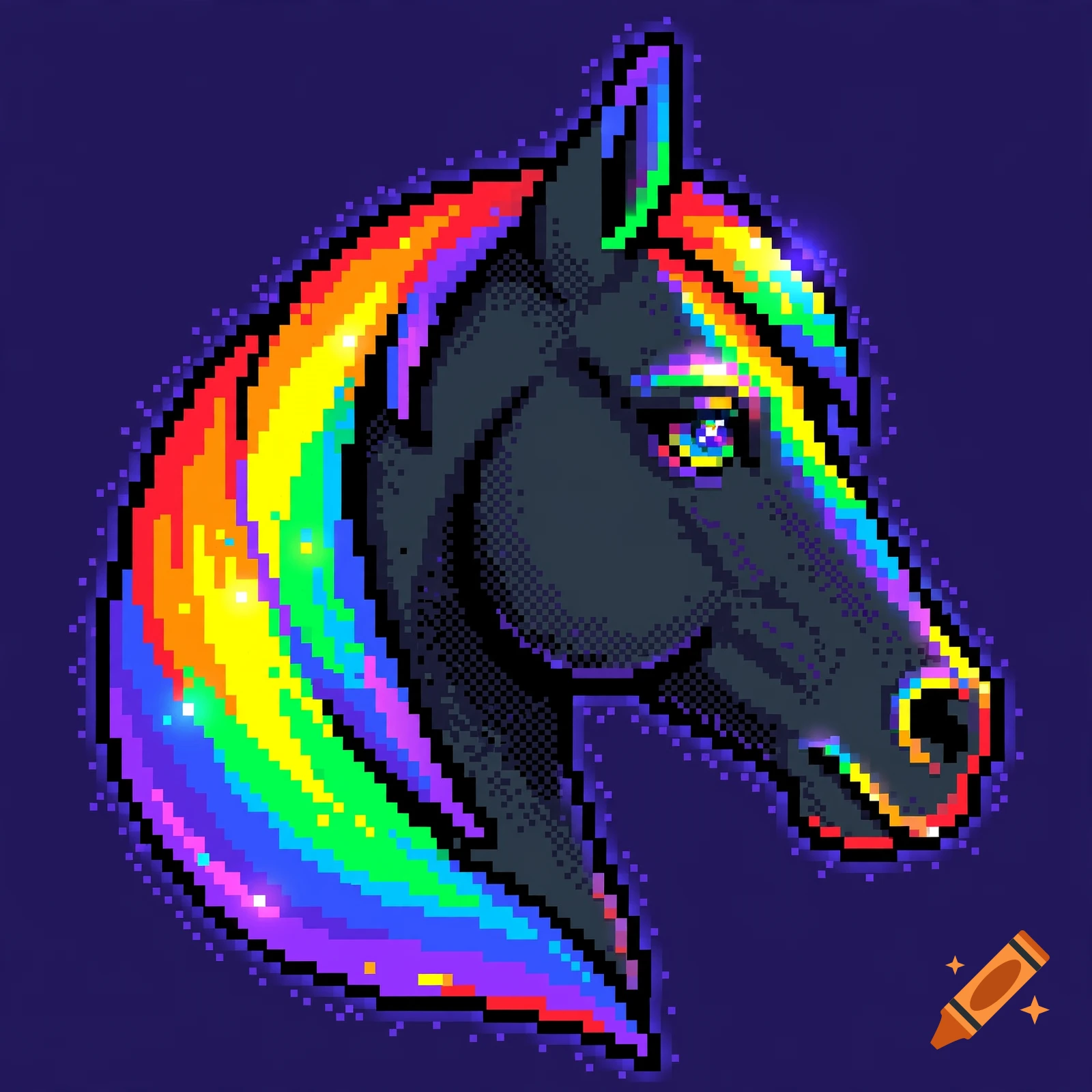 Pixel art profile of a dark horse with a glowing rainbow mane and tail against a dark background