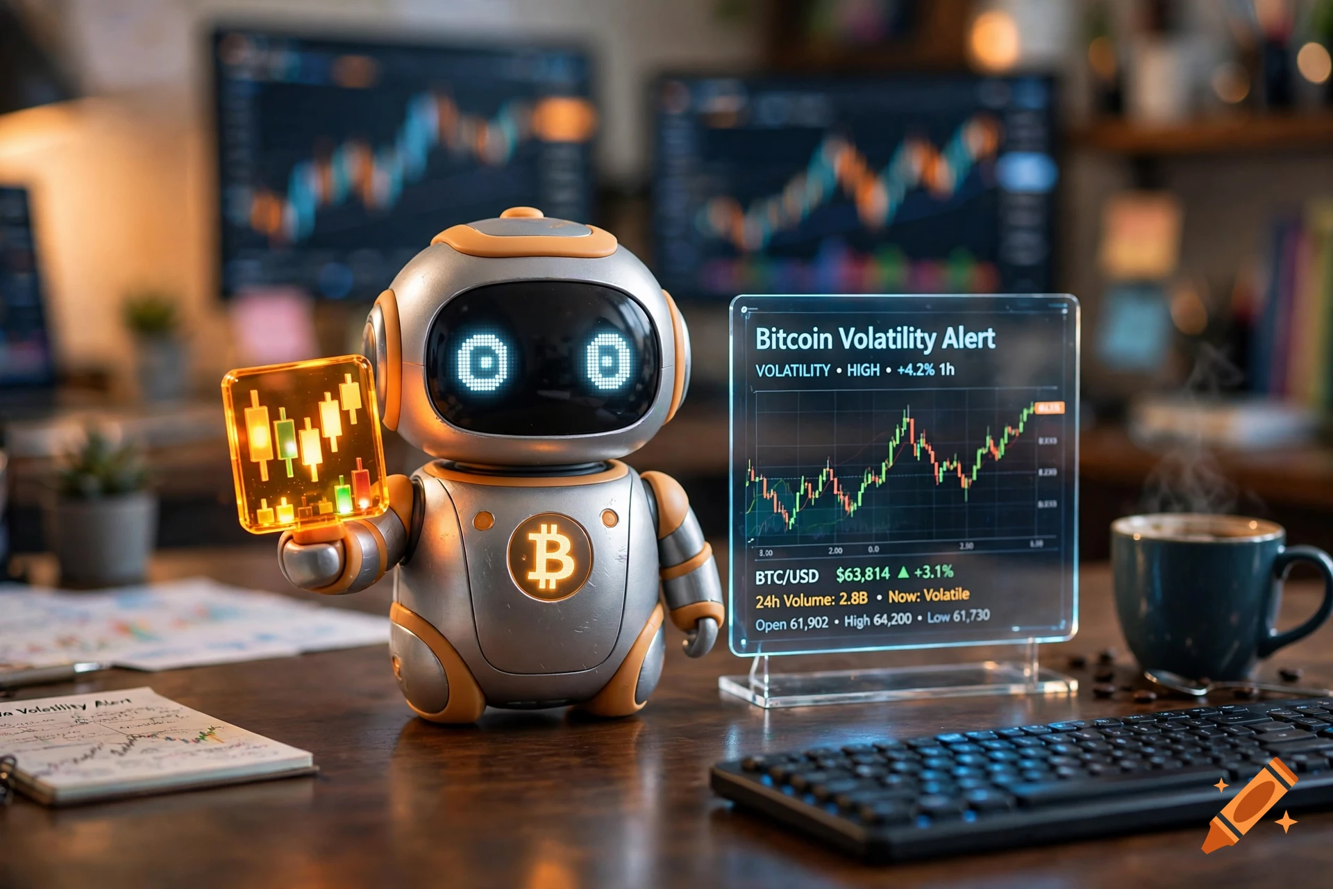 A cute silver and orange robot holding a digital trading chart on a wooden desk with a glowing cryptocurrency screen and stock charts in the background.