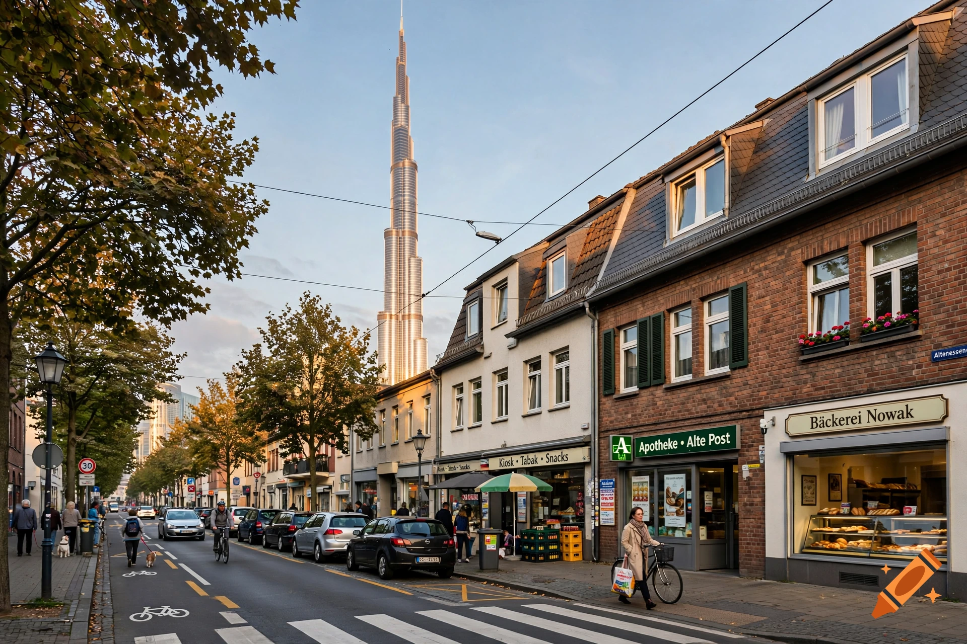 Photorealistic street view of Altenessen with the Burj Khalifa towering in the background.