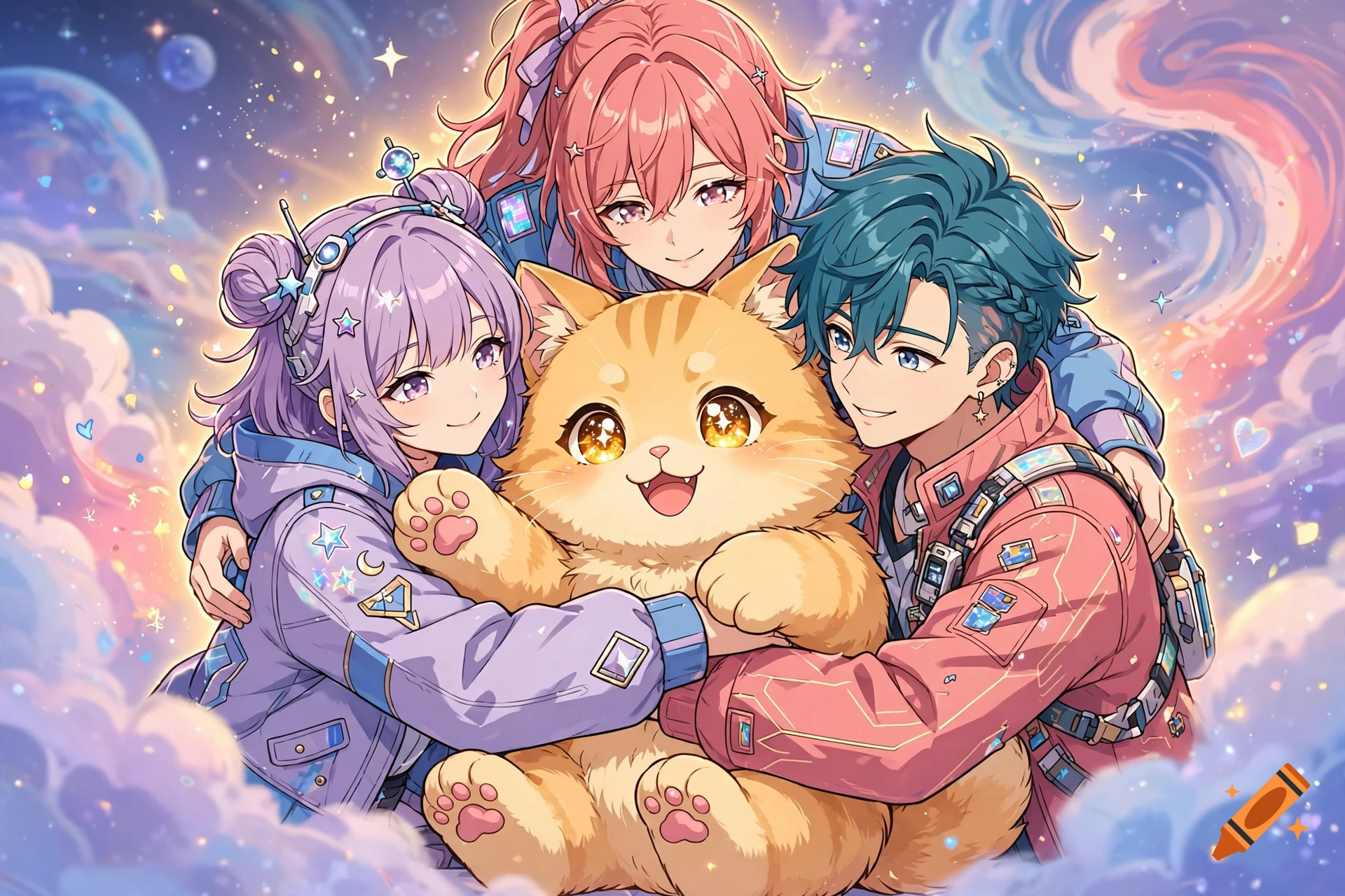 Anime style illustration of a large fluffy orange cat being hugged by three cosmic-themed characters against a starry nebula background.