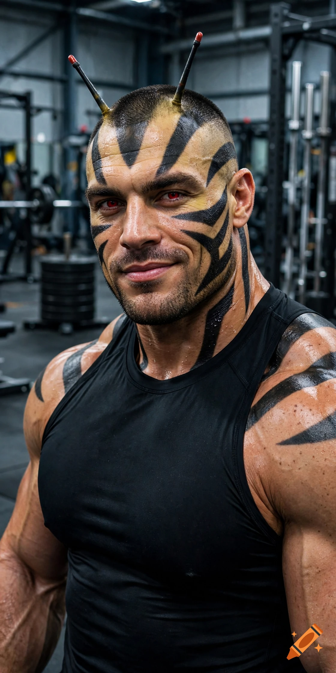 Photorealistic close-up of a muscular man with insect antennae on his head and black tiger-stripe facial tattoos, in a gym.