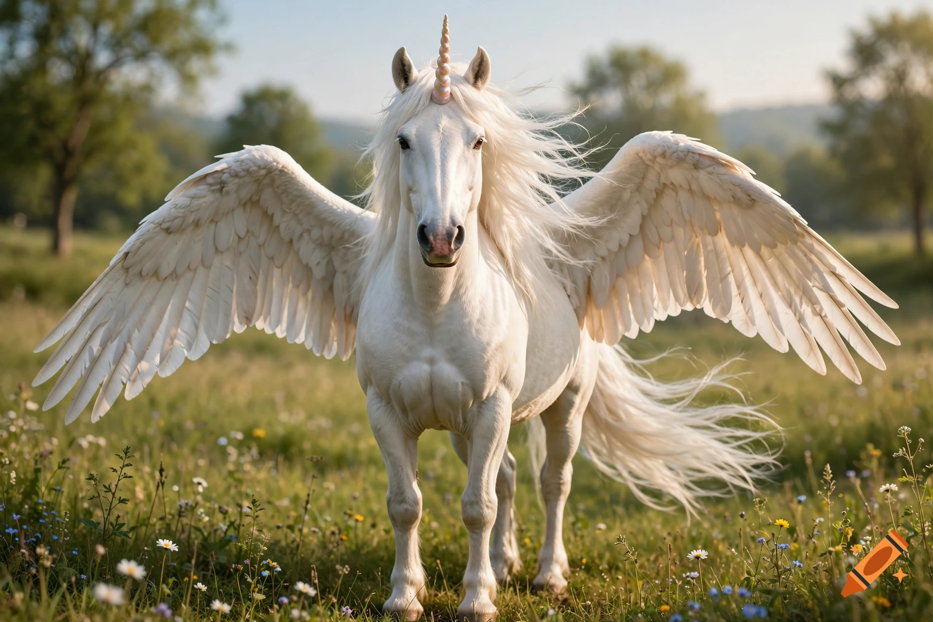 A photorealistic white unicorn with large feathered wings standing in a grassy meadow with wildflowers.
