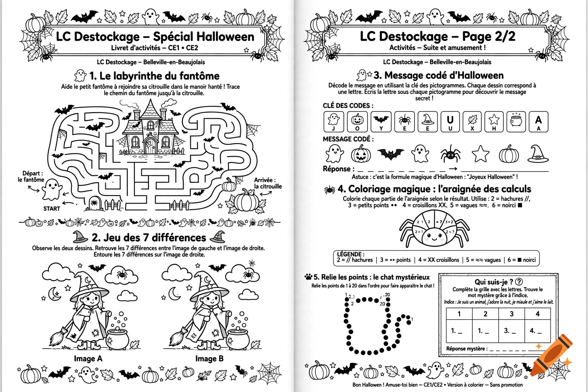 A two-page black and white Halloween activity book for children featuring a maze, spot-the-difference, code, math coloring, and dot-to-dot.