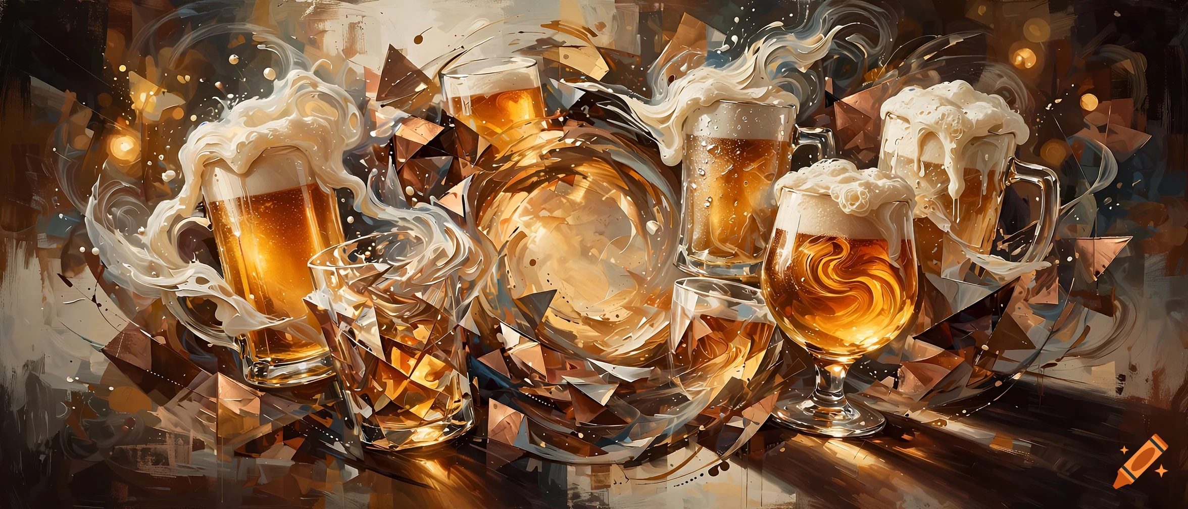 Abstract painting featuring various glasses and mugs overflowing with frothy beer in shades of gold and brown.