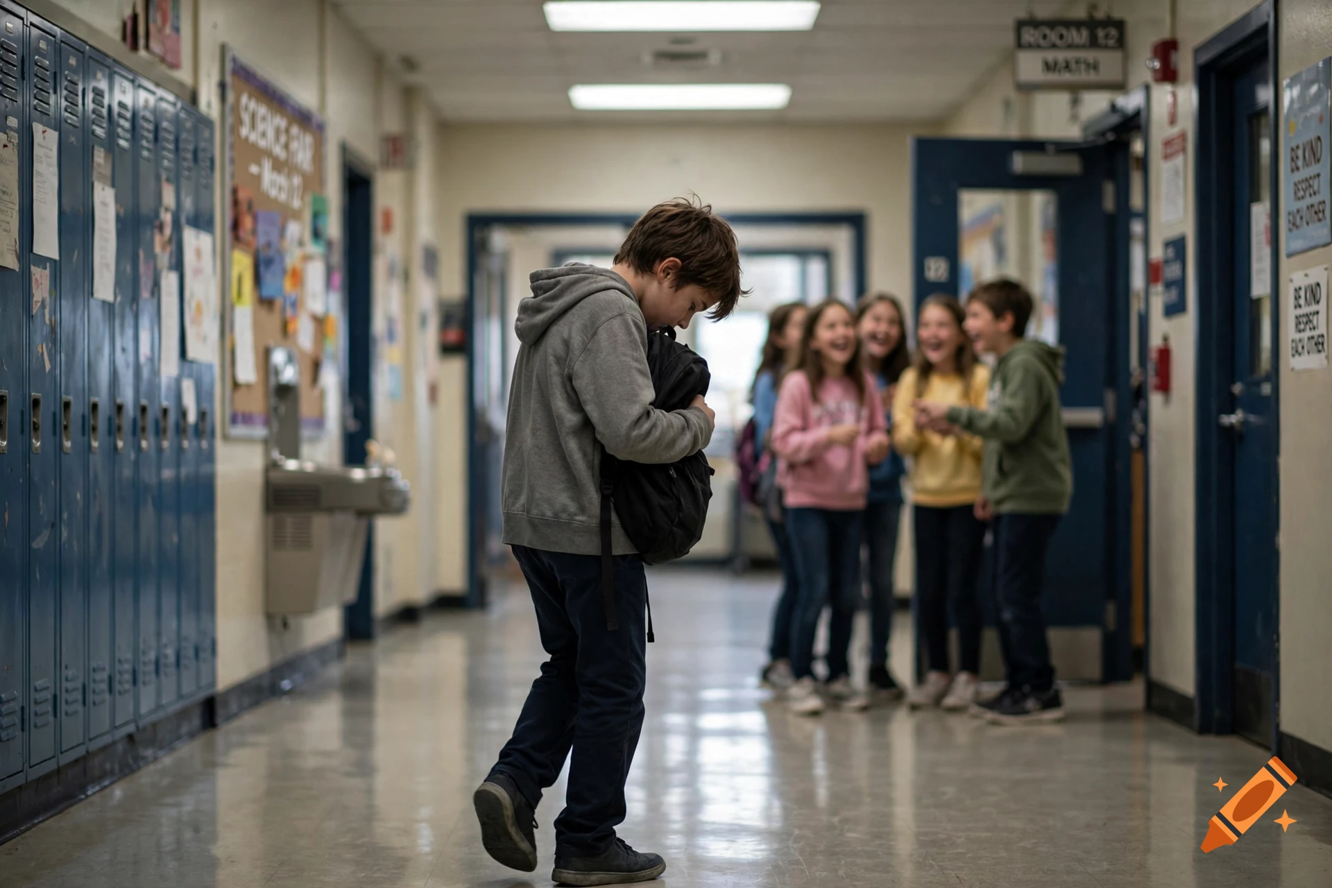 A sad boy walking down a school hallway while a group of peers laughs at him in the background. Photorealistic style.