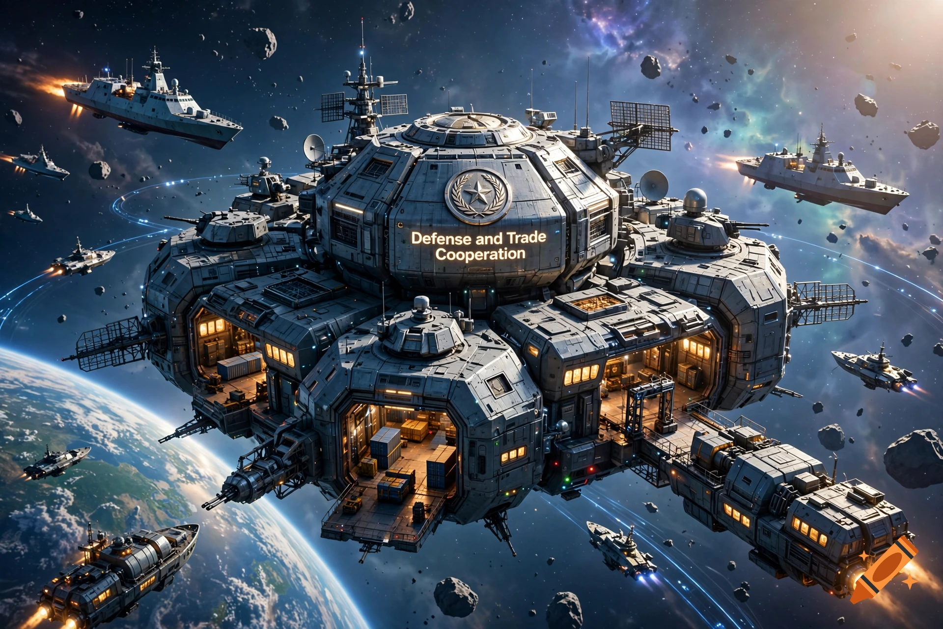 Detailed sci-fi space station with docked ships, surrounded by asteroids and a planet below.