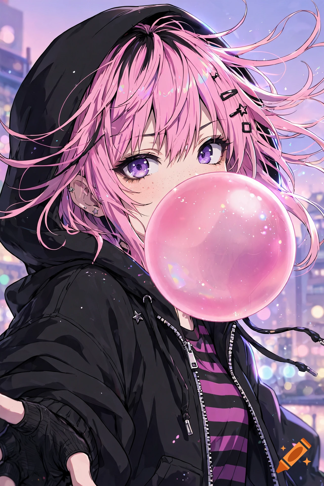 Anime style illustration of a teenage emo girl with pink hair blowing a large bubble gum bubble, wearing a black hoodie.
