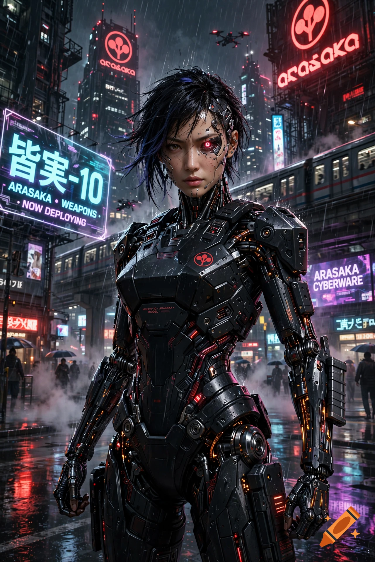 Photorealistic medium shot of a female cyborg in a rainy cyberpunk city at night, with Arasaka neon signs in the background.