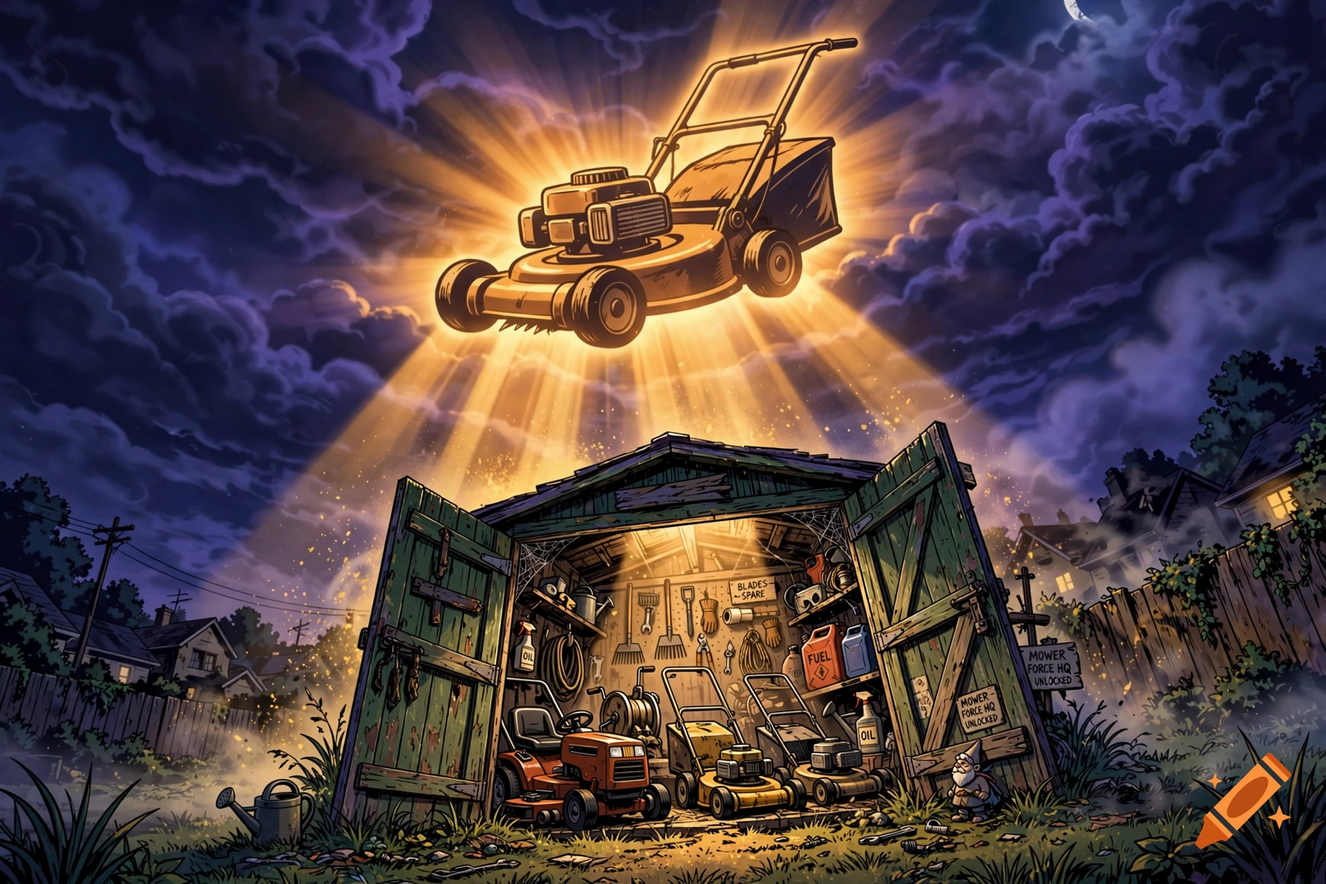 Cartoon illustration of a lawnmower projected in the sky like a bat-signal above an open garden shed filled with lawnmowers at night.