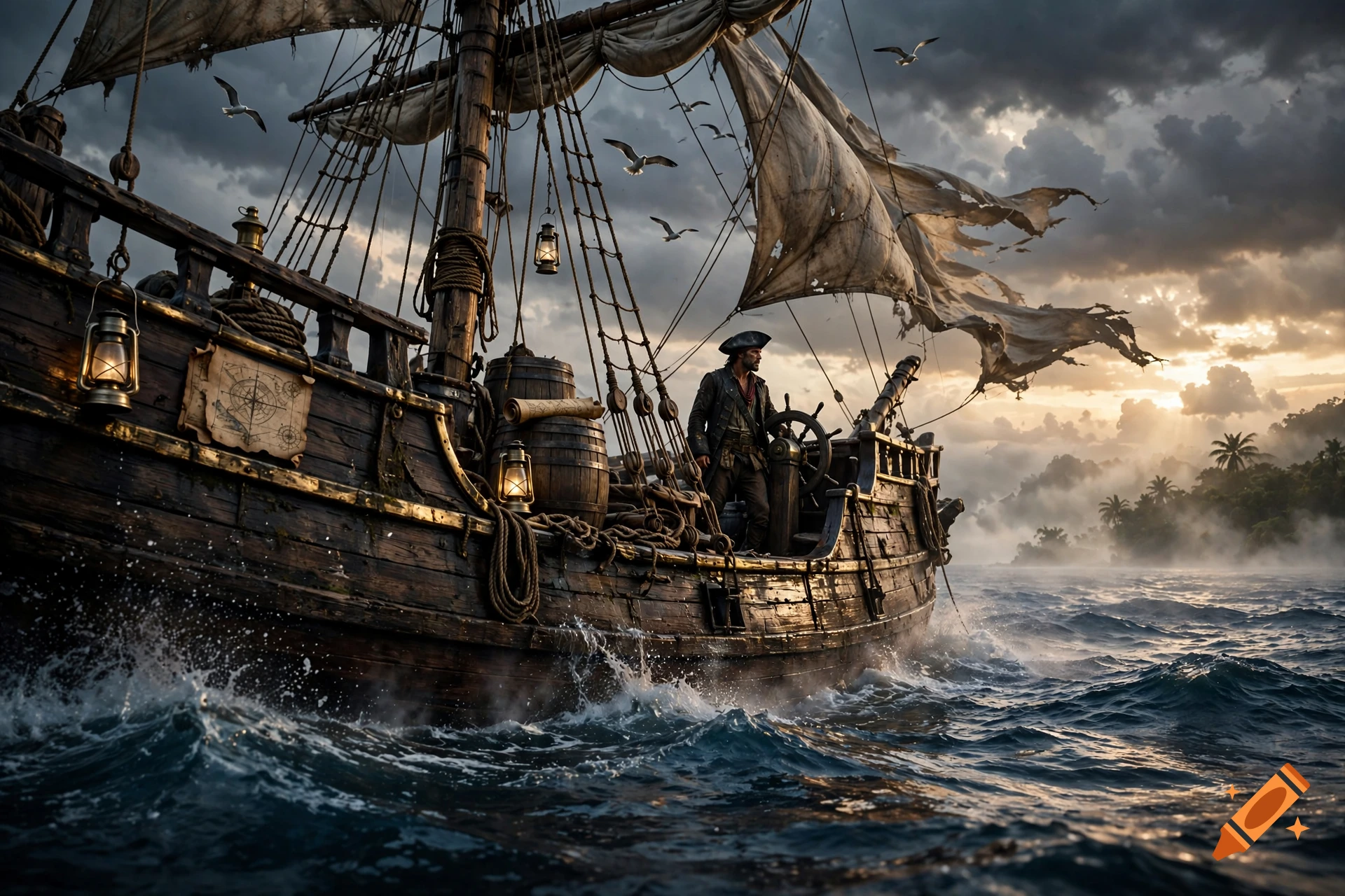 A pirate captain steering a weathered sailing ship on rough ocean waves under a dramatic stormy sky during sunset.