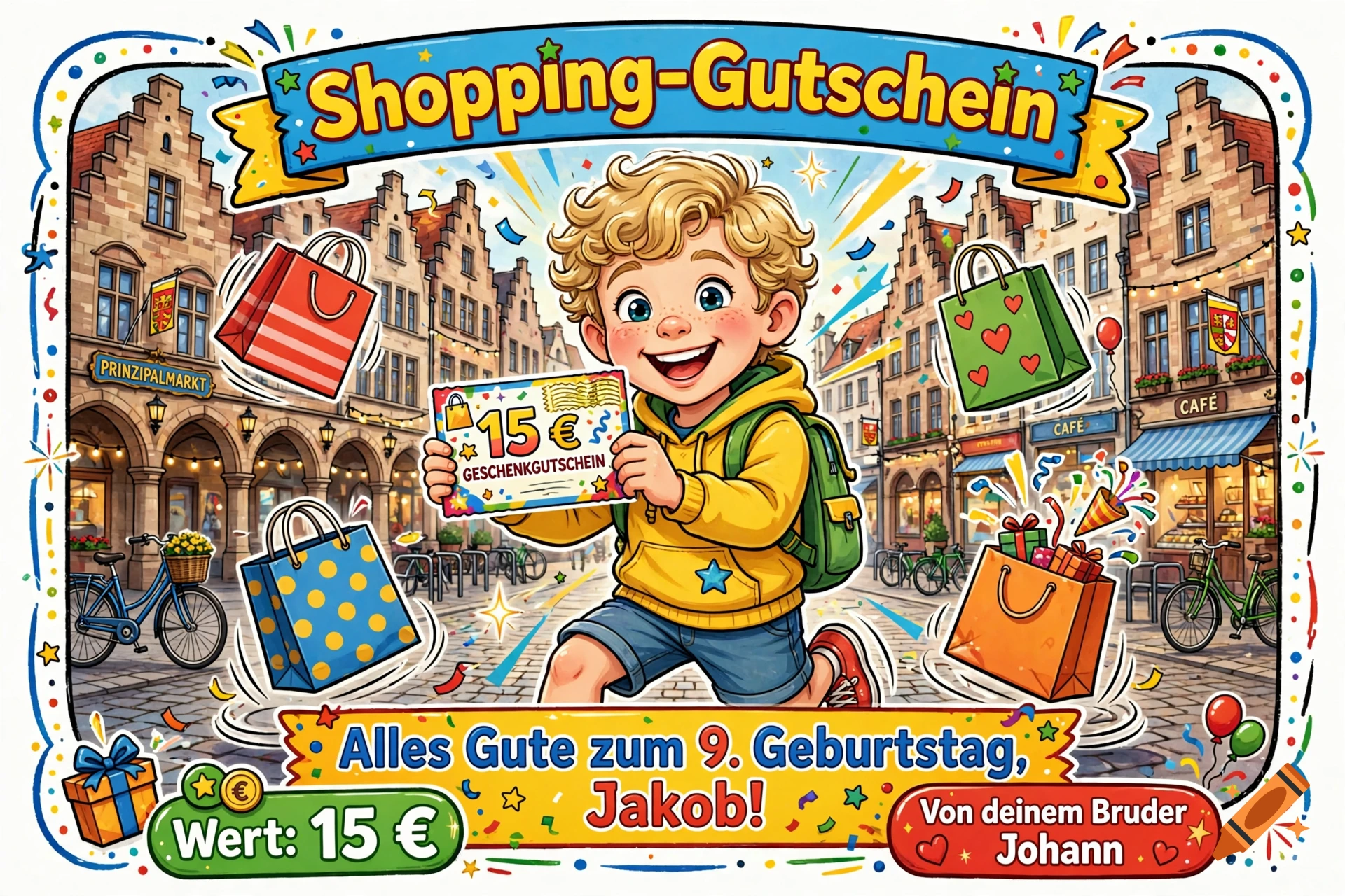 Cartoon illustration of a smiling blond boy holding a 15 euro shopping voucher in front of Münster's Prinzipalmarkt.