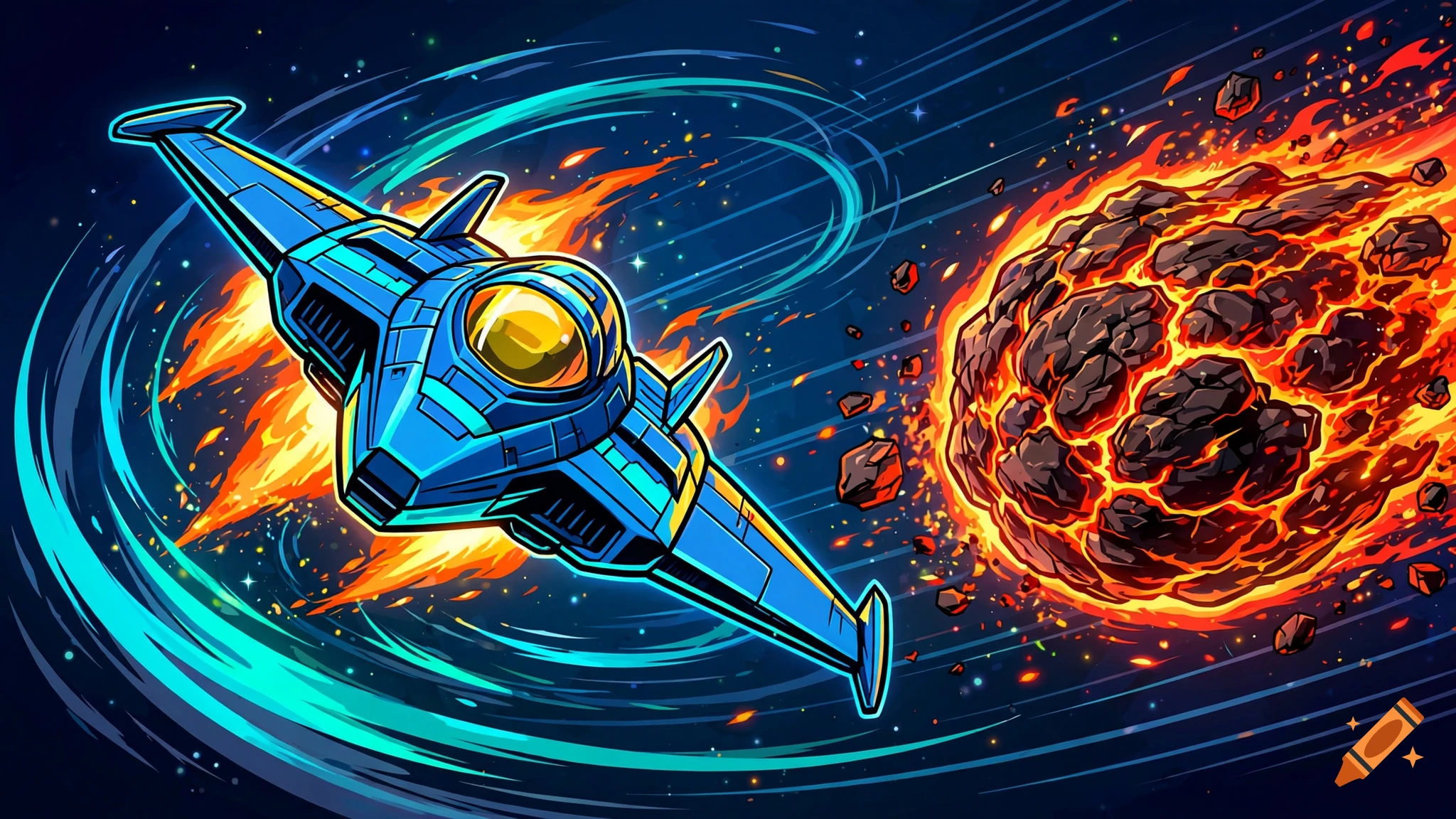 Cell-shaded illustration of a blue futuristic spaceship dodging a burning meteor in space.