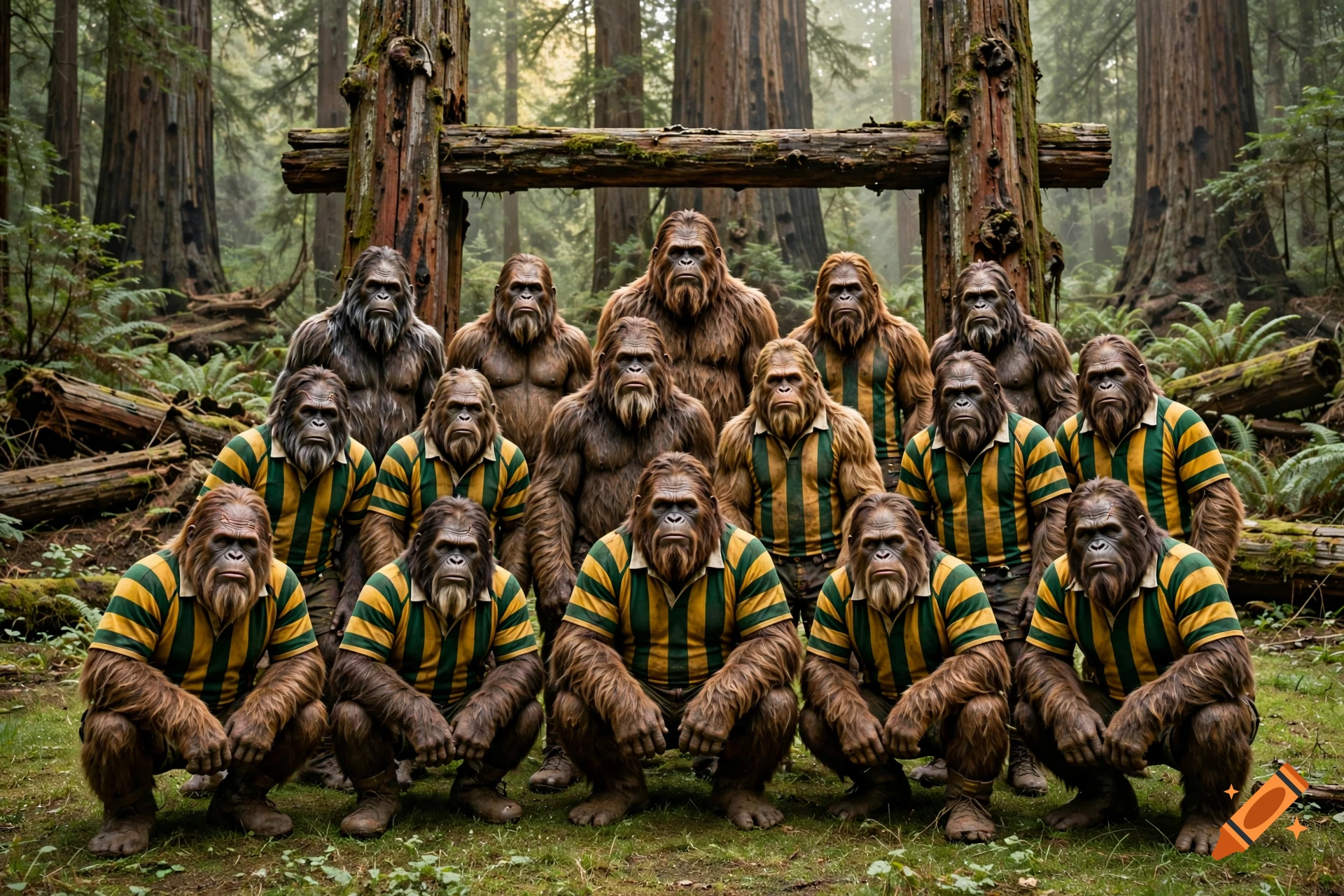 Fifteen sasquatches wearing green and gold rugby jerseys posing for a team photo in front of a redwood log goal post in a forest.