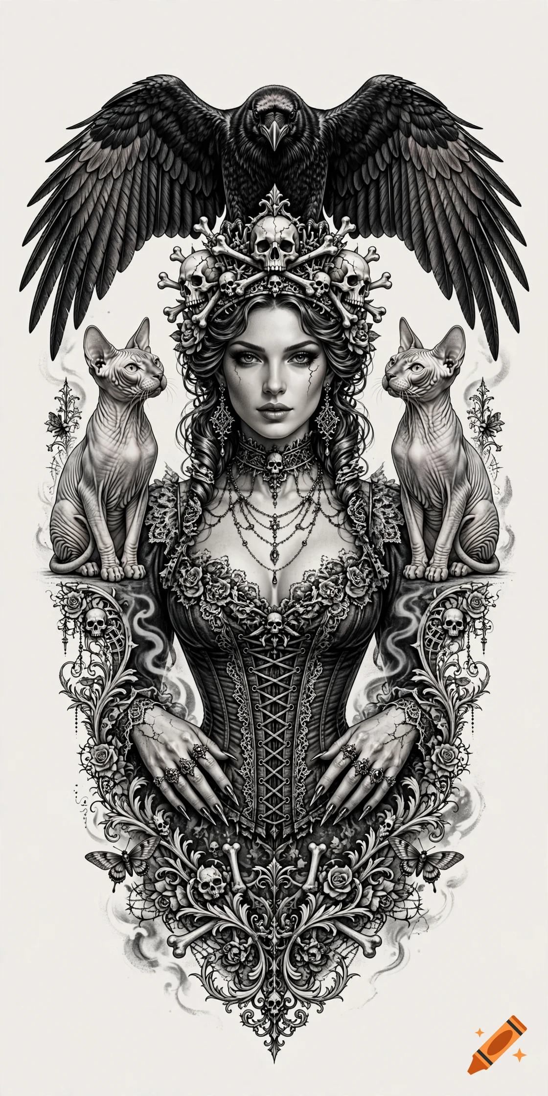 Detailed black and grey tattoo design featuring a gothic queen with a bone crown, flanked by sphynx cats and topped by a large raven.