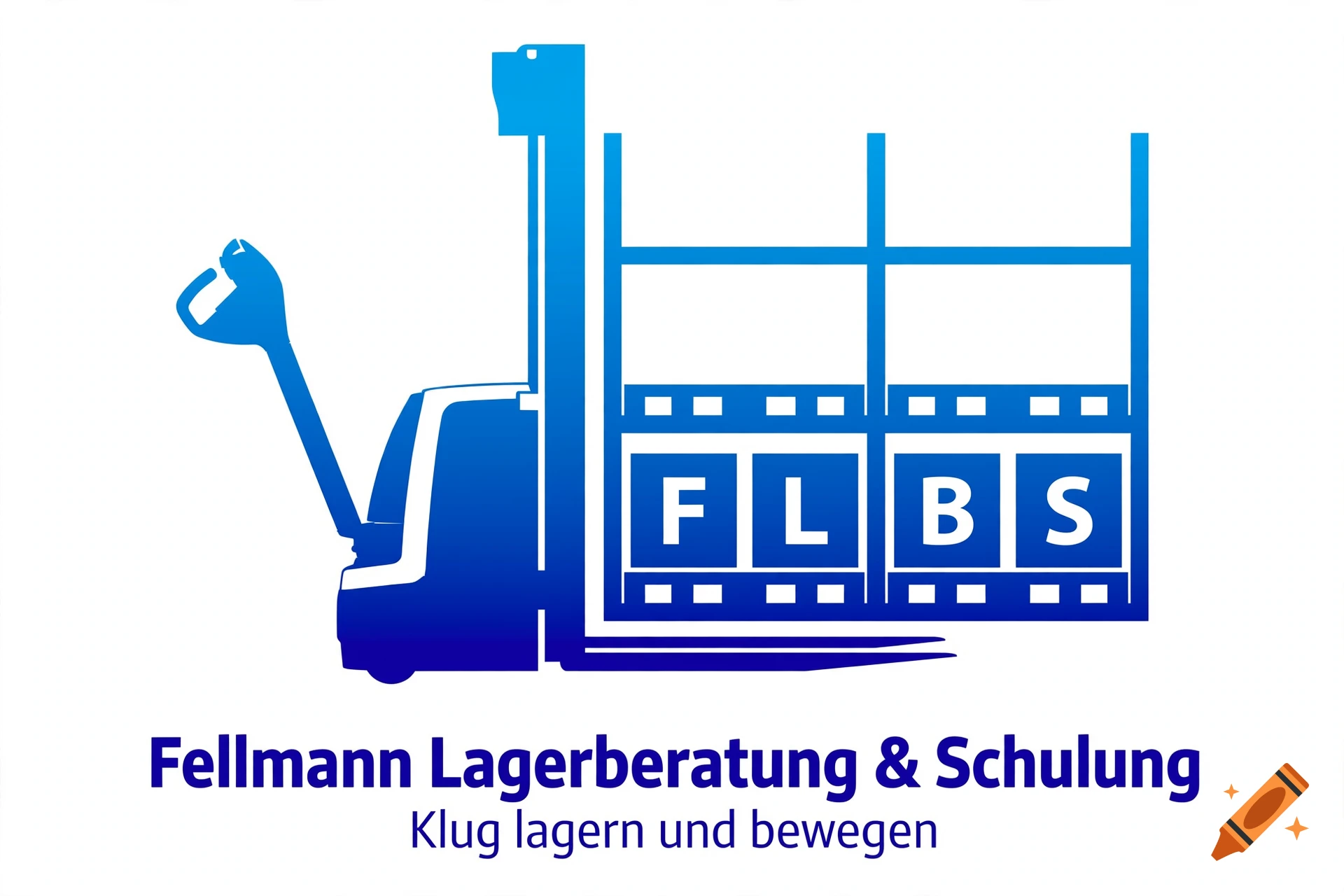Minimalist blue vector logo for a logistics company featuring a pallet stacker and the text Fellmann Lagerberatung & Schulung.