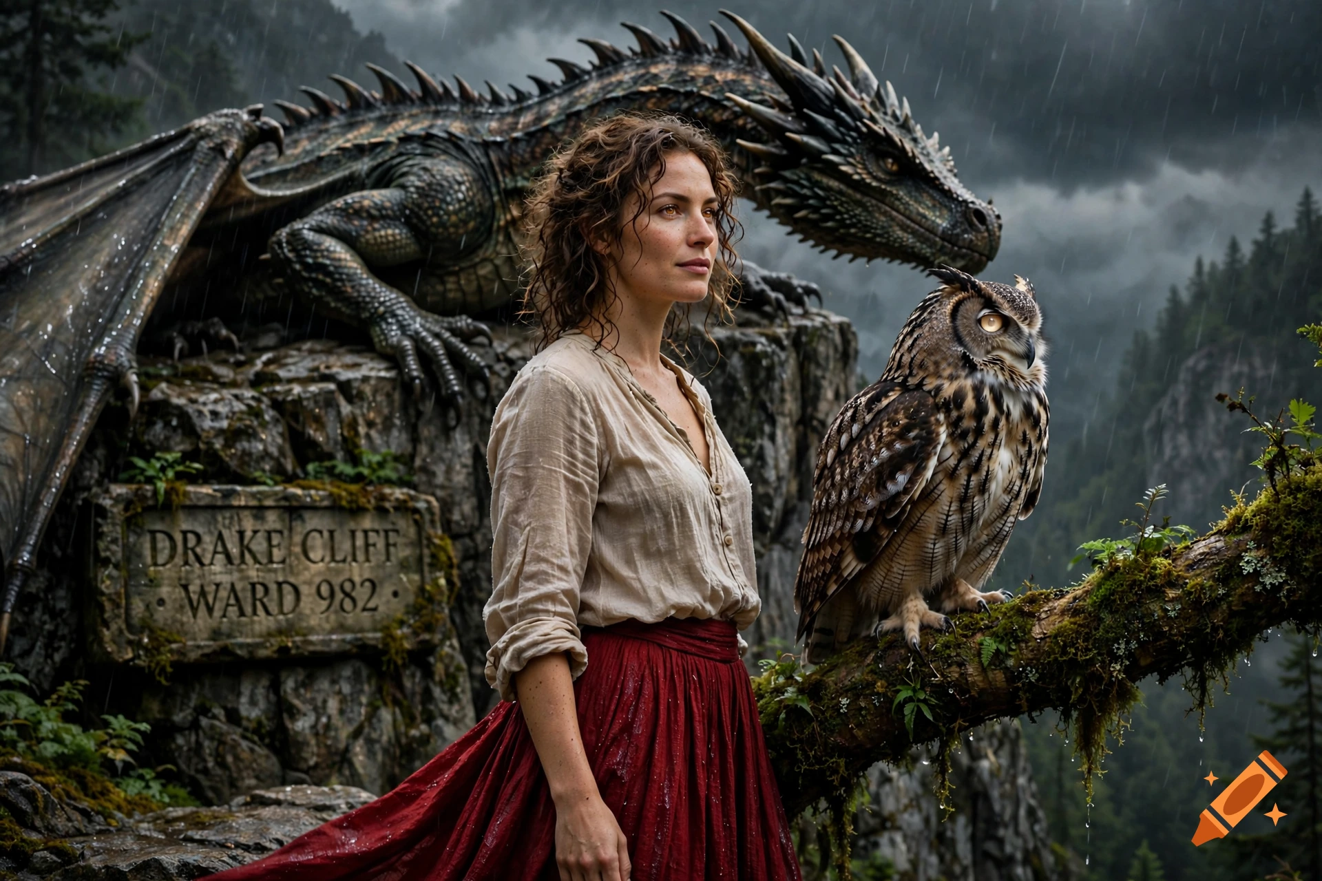 Photorealistic fantasy scene featuring a woman in a red skirt and beige shirt standing next to an owl on a mossy branch, with a large dragon perched on a rocky cliff in the background under a stormy sky.