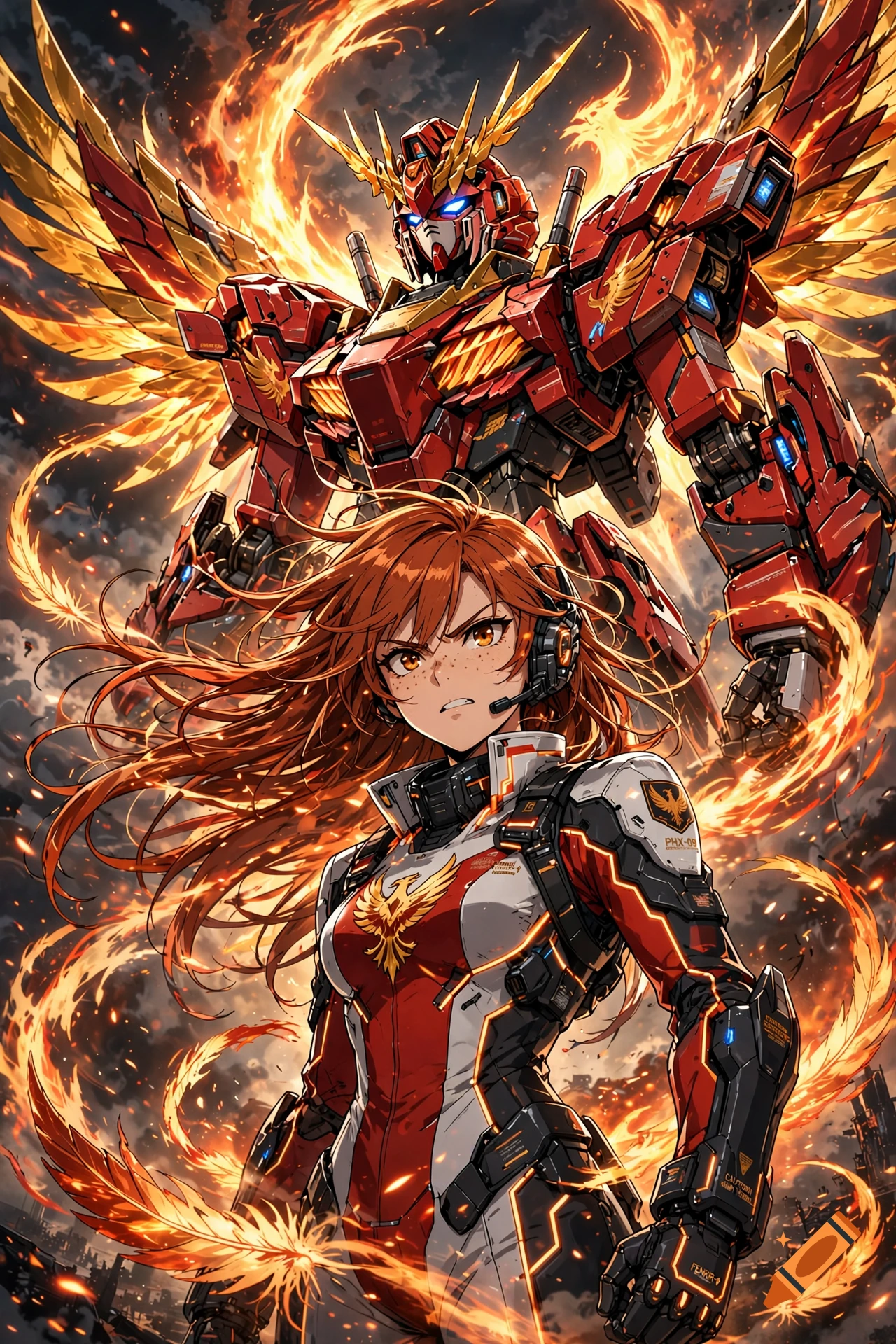 Anime style illustration of a redhead female gundam pilot in a combat suit with a giant red mecha robot in the background.