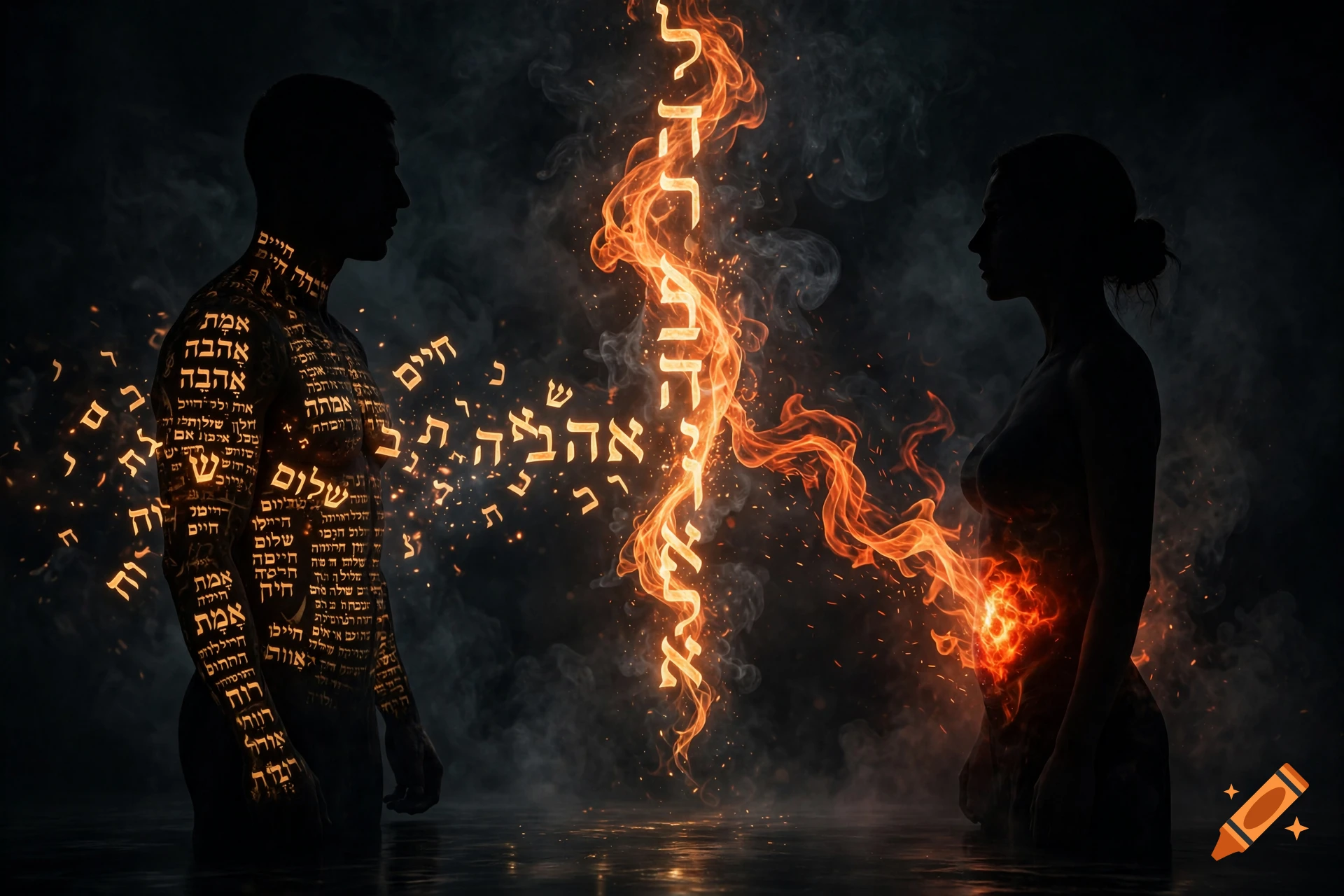 Silhouettes of a man with Hebrew letters on his body and a woman with fire in her belly, with flames rising between them.
