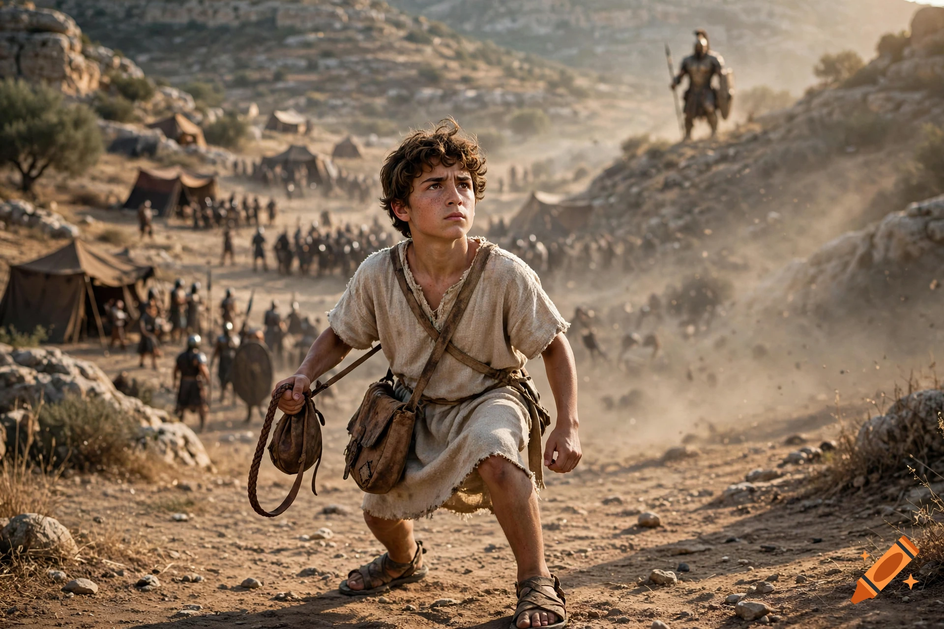 Photorealistic scene of a young David holding a leather sling, facing an army in a rocky landscape.