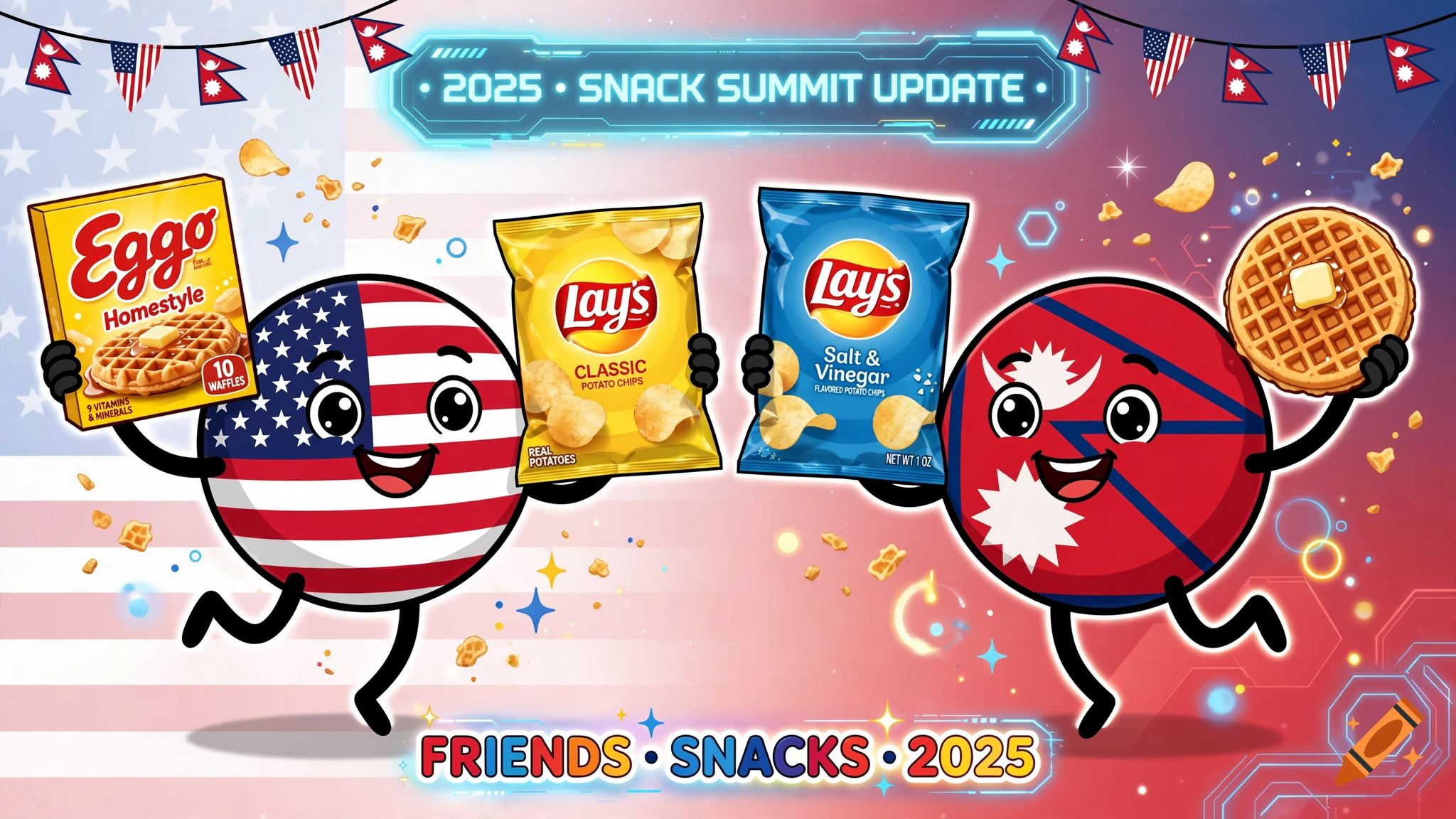 Digital illustration of USA and Nepal countryballs holding Eggo waffles and Lay's potato chips, 2025 update theme.
