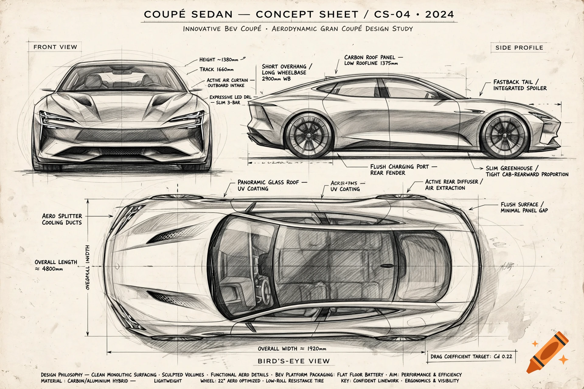 Professional pencil sketch of a concept coupe sedan with front, side, and top views, featuring design annotations.