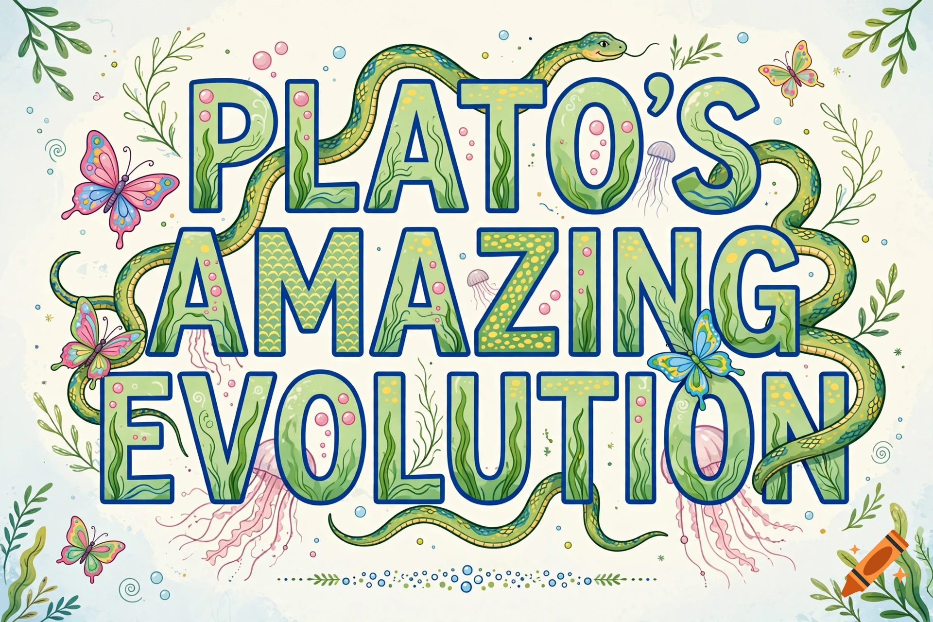 Colorful stylized text reading PLATO'S AMAZING EVOLUTION, decorated with snakes, butterflies, and seaweed.