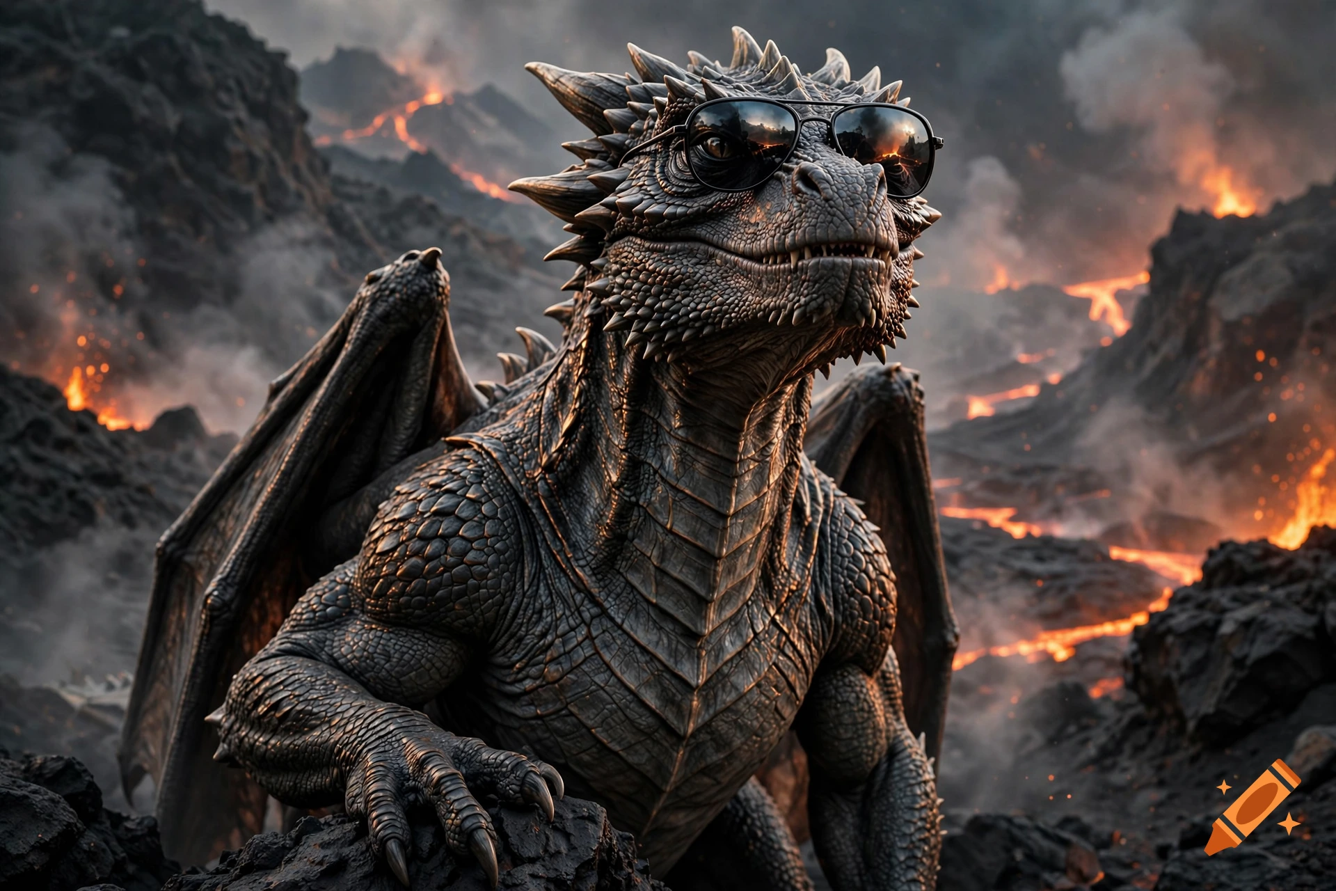 An arrogant dark-scaled dragon wearing sunglasses, posing in a volcanic landscape with lava and smoke.