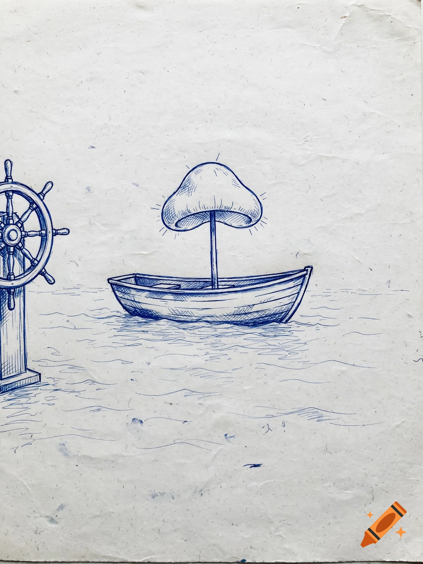 Blue ballpoint pen sketch on paper of a small wooden boat with a mushroom-shaped sail on wavy water next to a ship steering wheel.