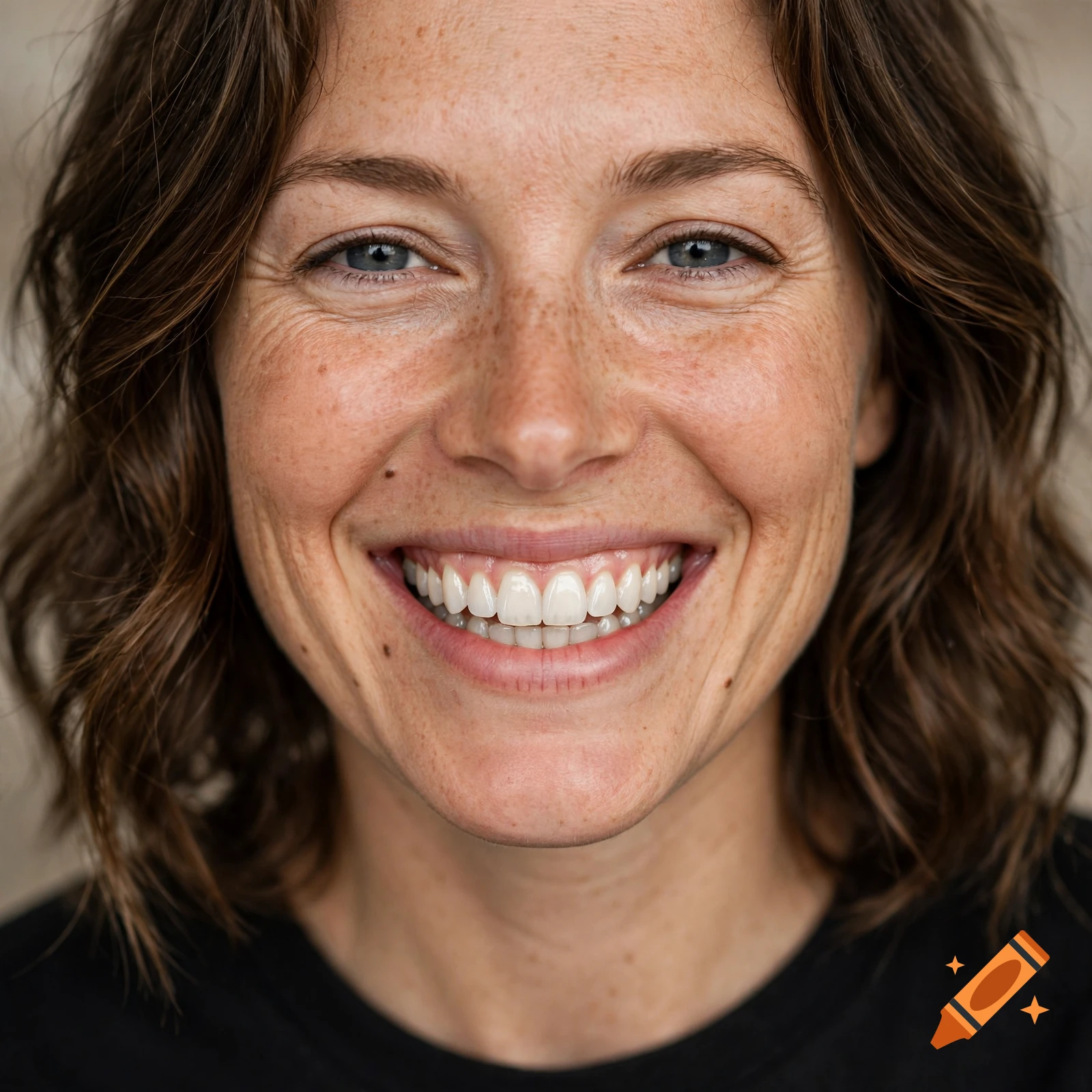 Close-up photorealistic portrait of a smiling woman with brown hair, blue eyes, and freckles.