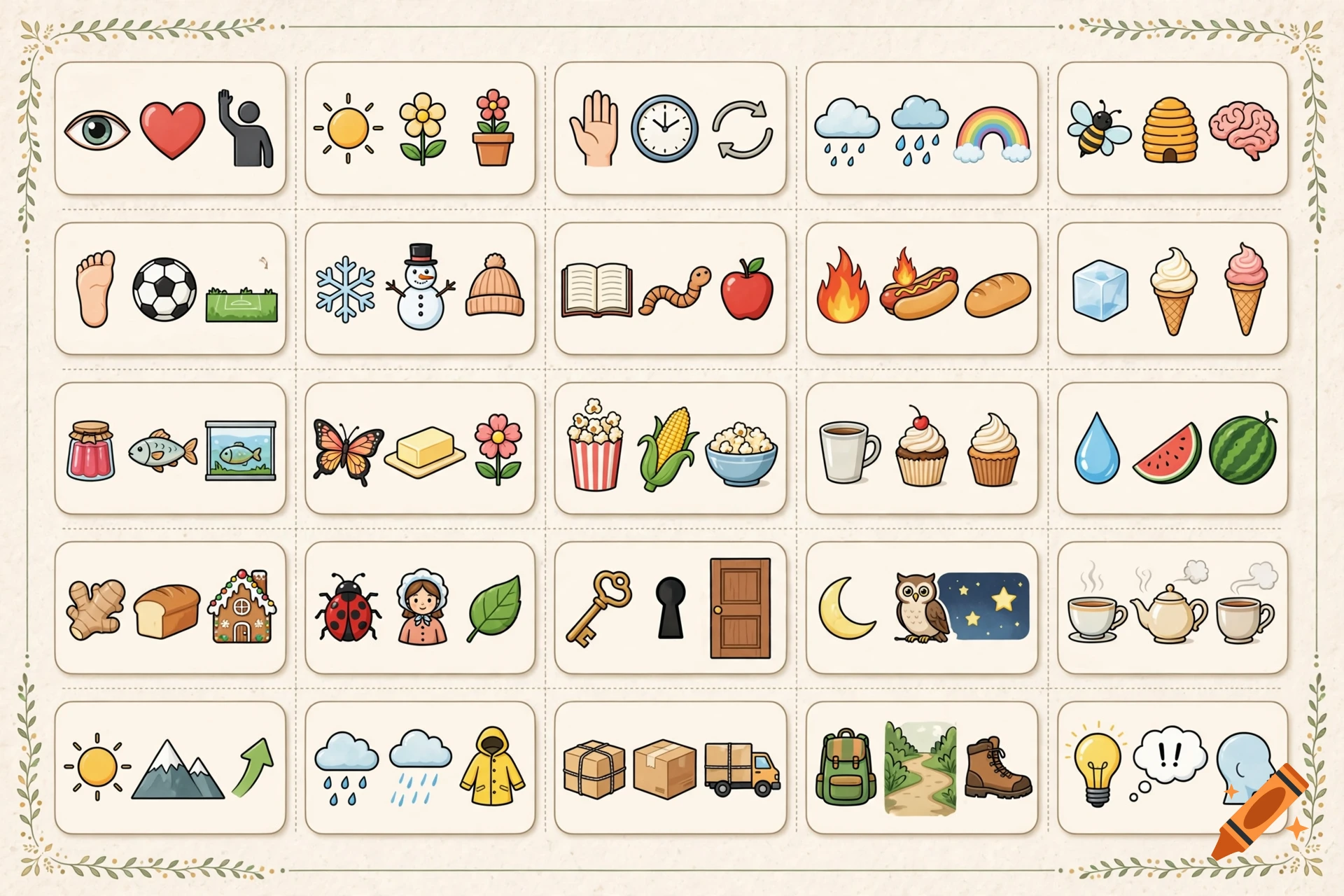 A grid of 25 illustrated icon panels containing various objects, animals, and symbols in a cartoon style.