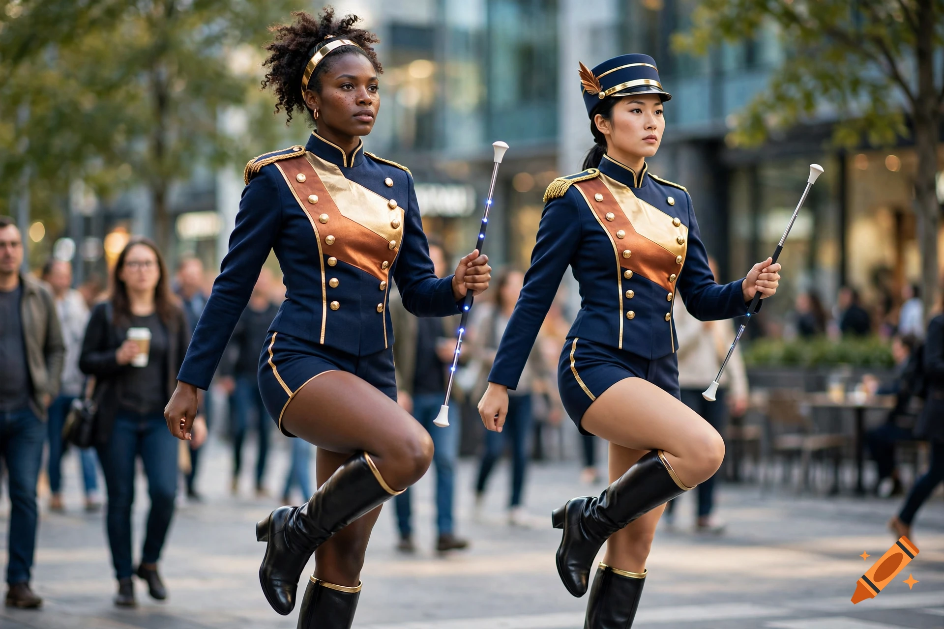 Two modern majorette dancers in blue and gold uniforms with batons marching on a city street, photorealistic.