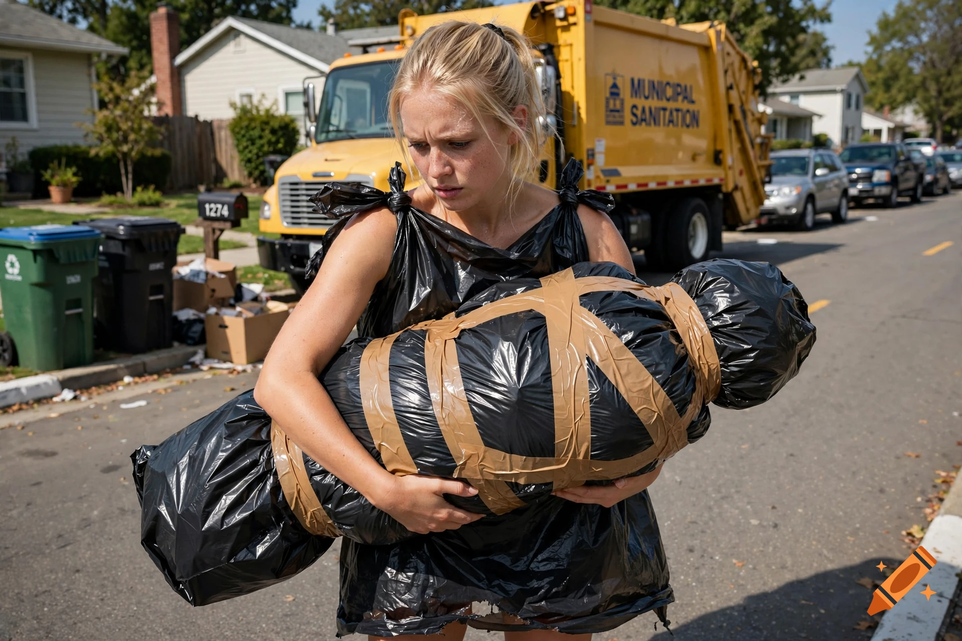 Photorealistic image of a young blonde woman wearing a black trash bag dress carrying a bound figure in the street.